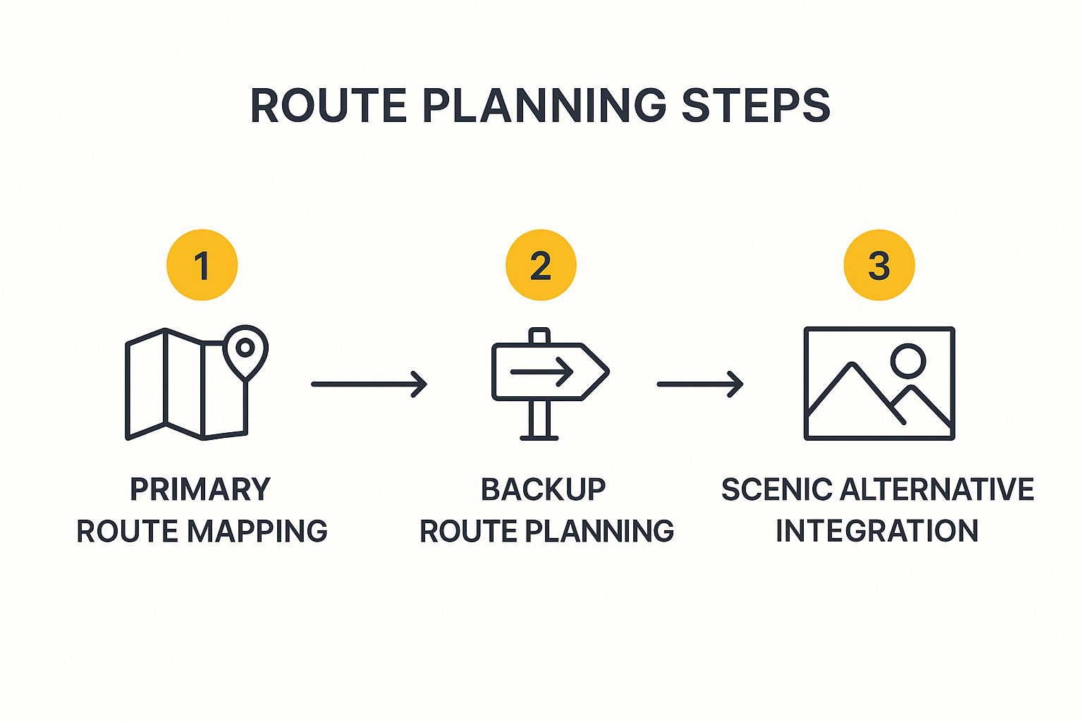Infographic showing a three-step process for route planning with icons for primary mapping, backup routes, and scenic alternatives.