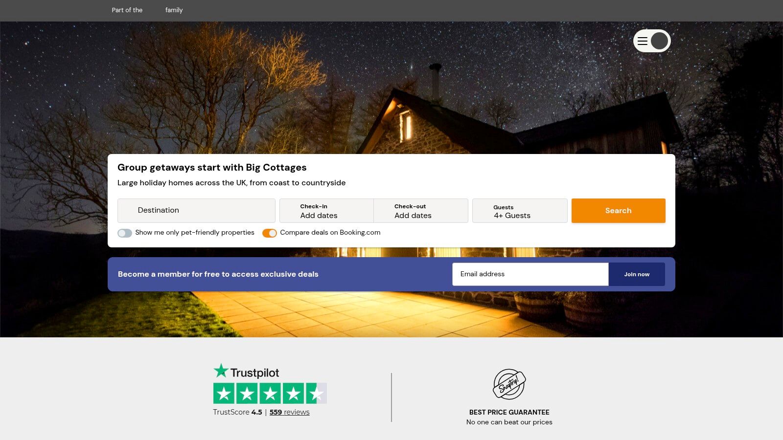 Big Cottages website interface showing large properties and search filters