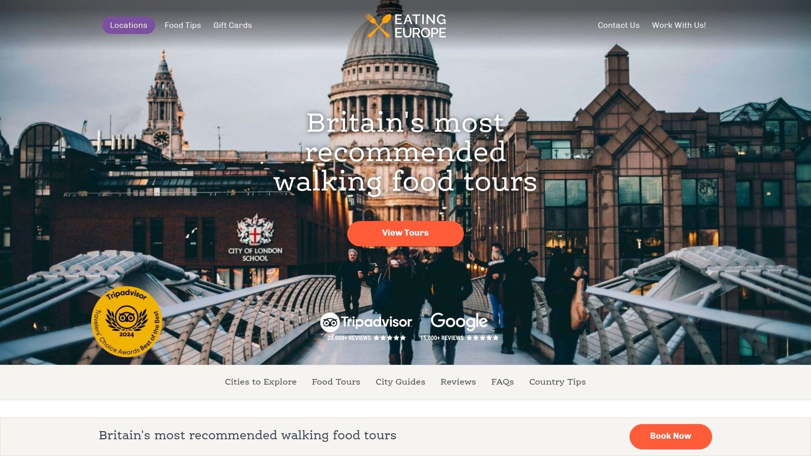 A guided food tour group from Eating Europe gathered around a table with a guide presenting local dishes.