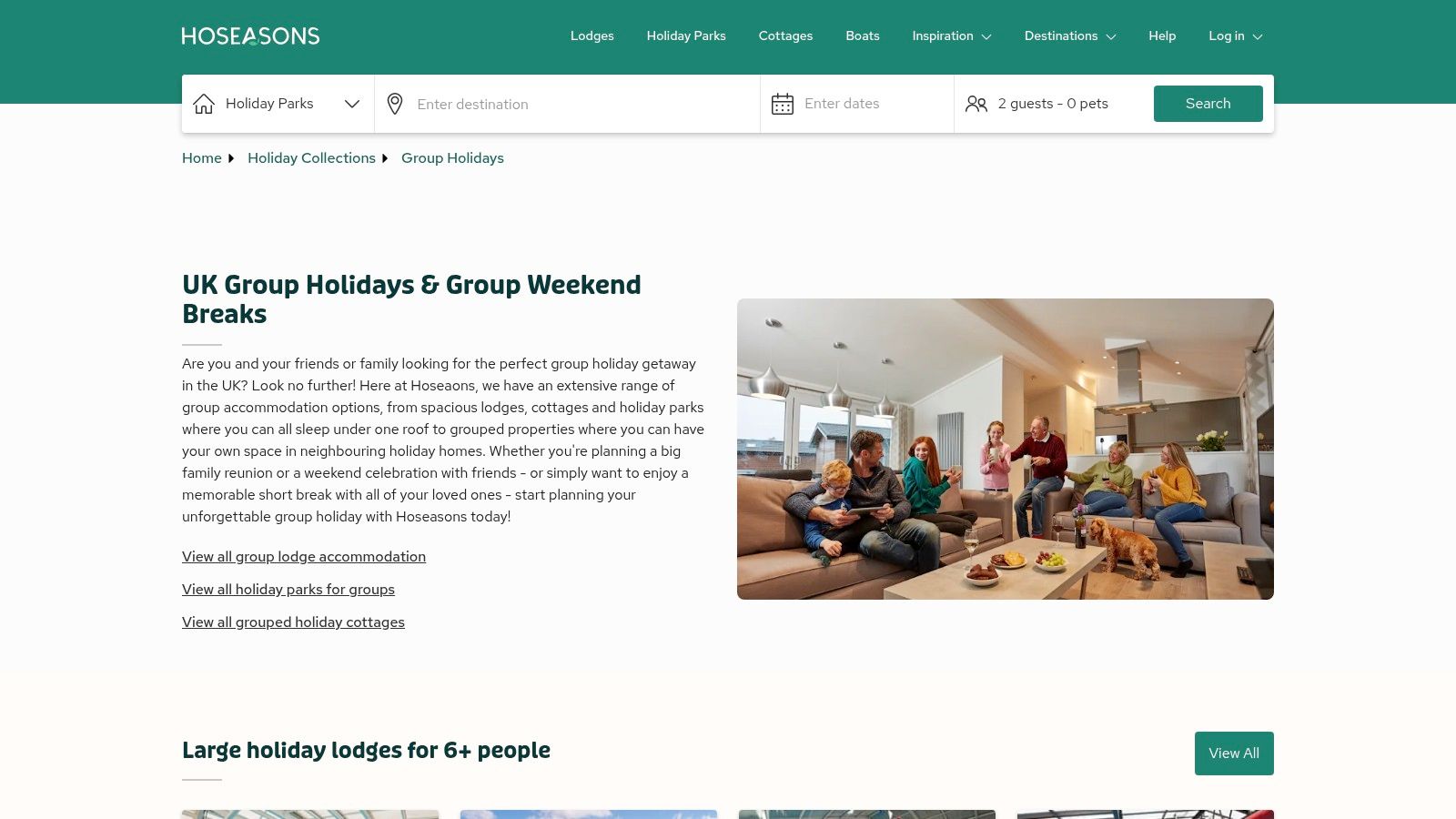 Hoseasons group holiday search interface showing lodges and filters