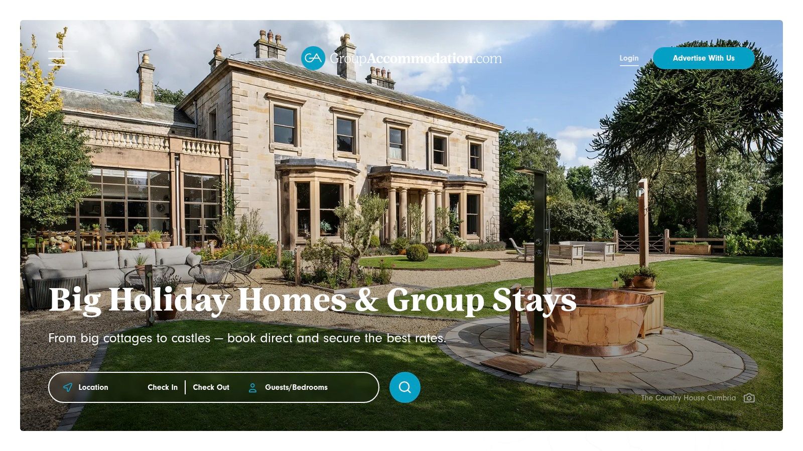 GroupAccommodation.com large property search showing a converted barn with a pool