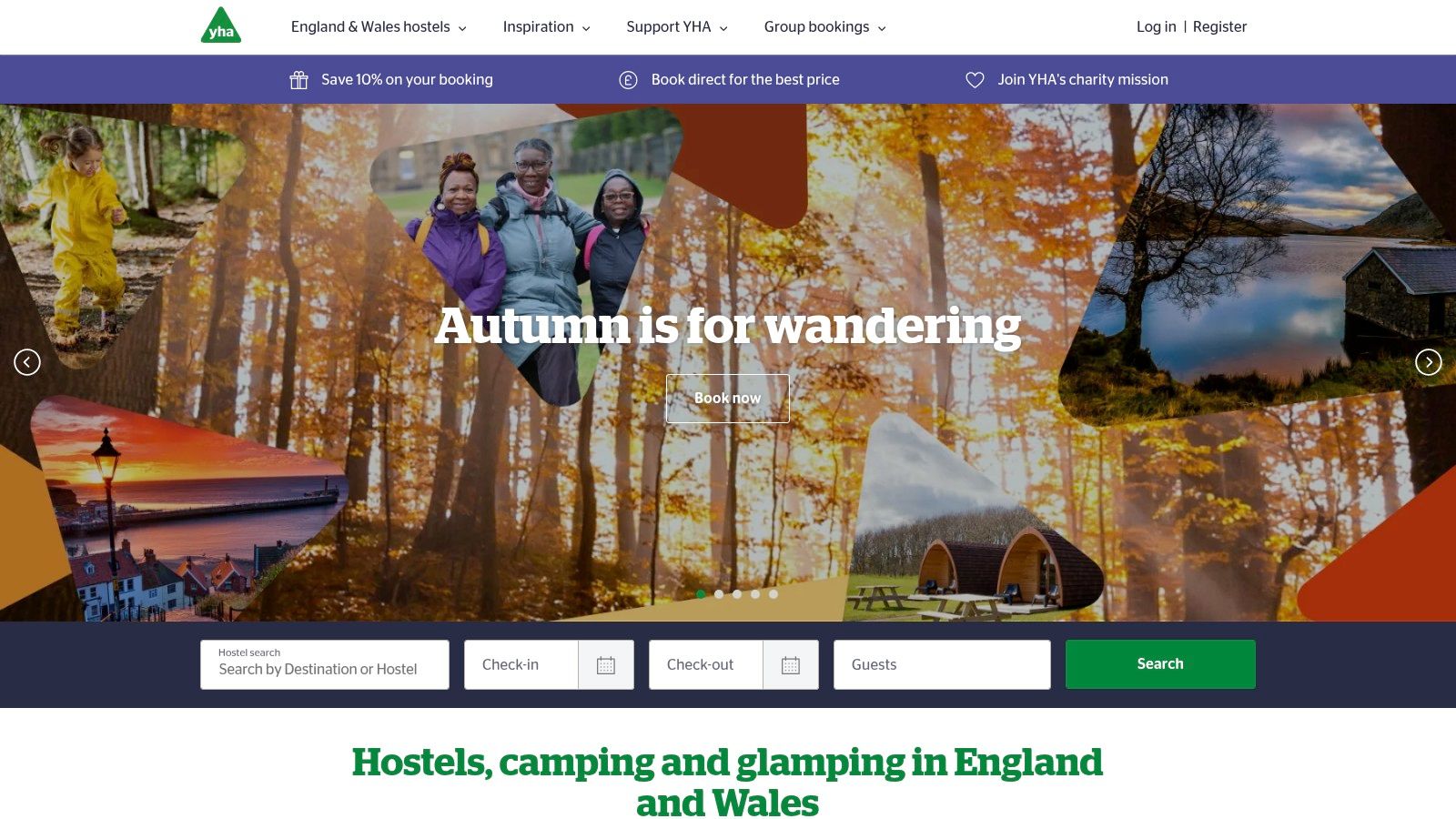 YHA Exclusive Hire search page showing locations on a map