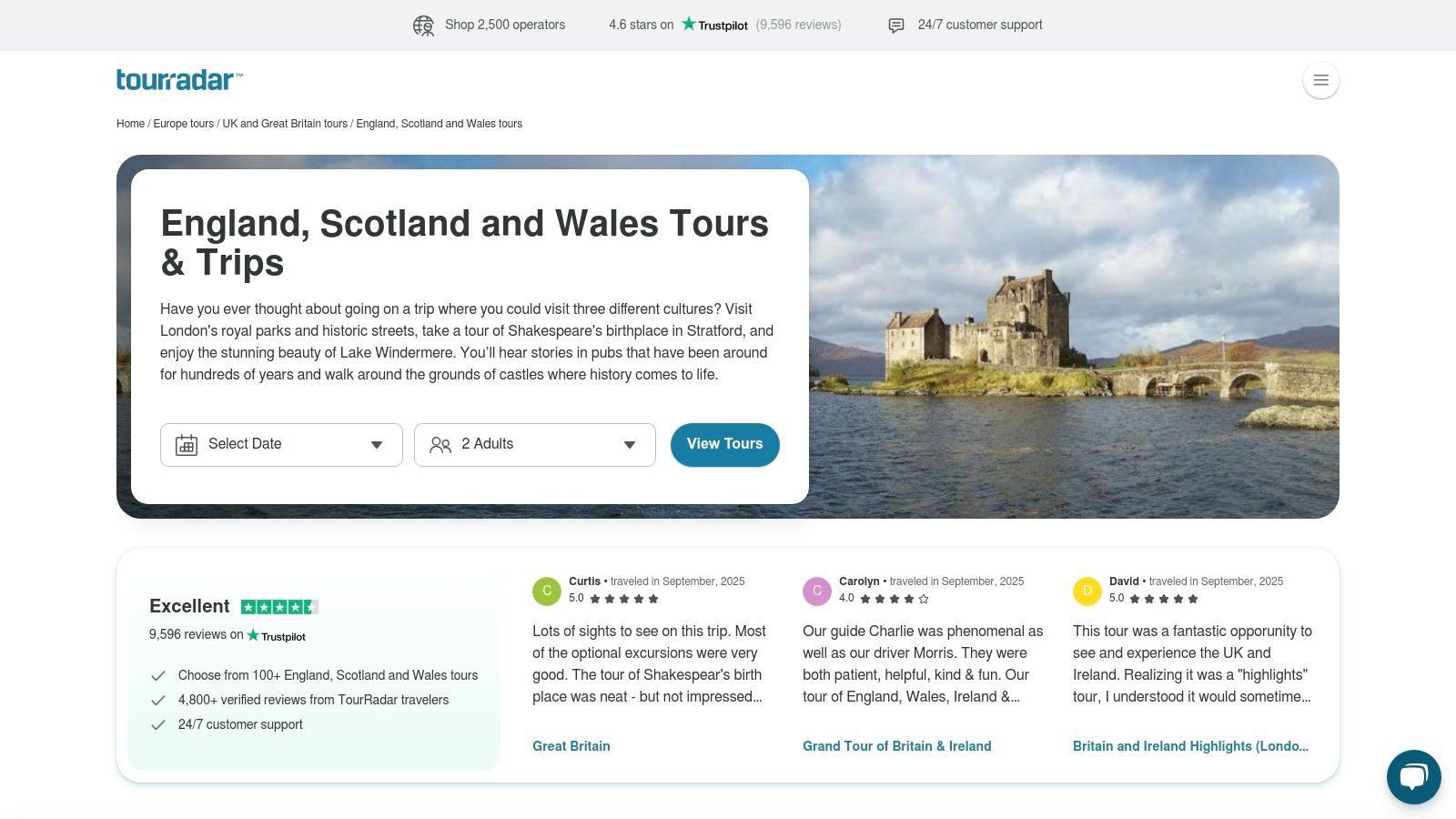 A breathtaking view of a historic castle nestled in the lush, green landscape of the UK, epitomising an England, Scotland, Wales tour.