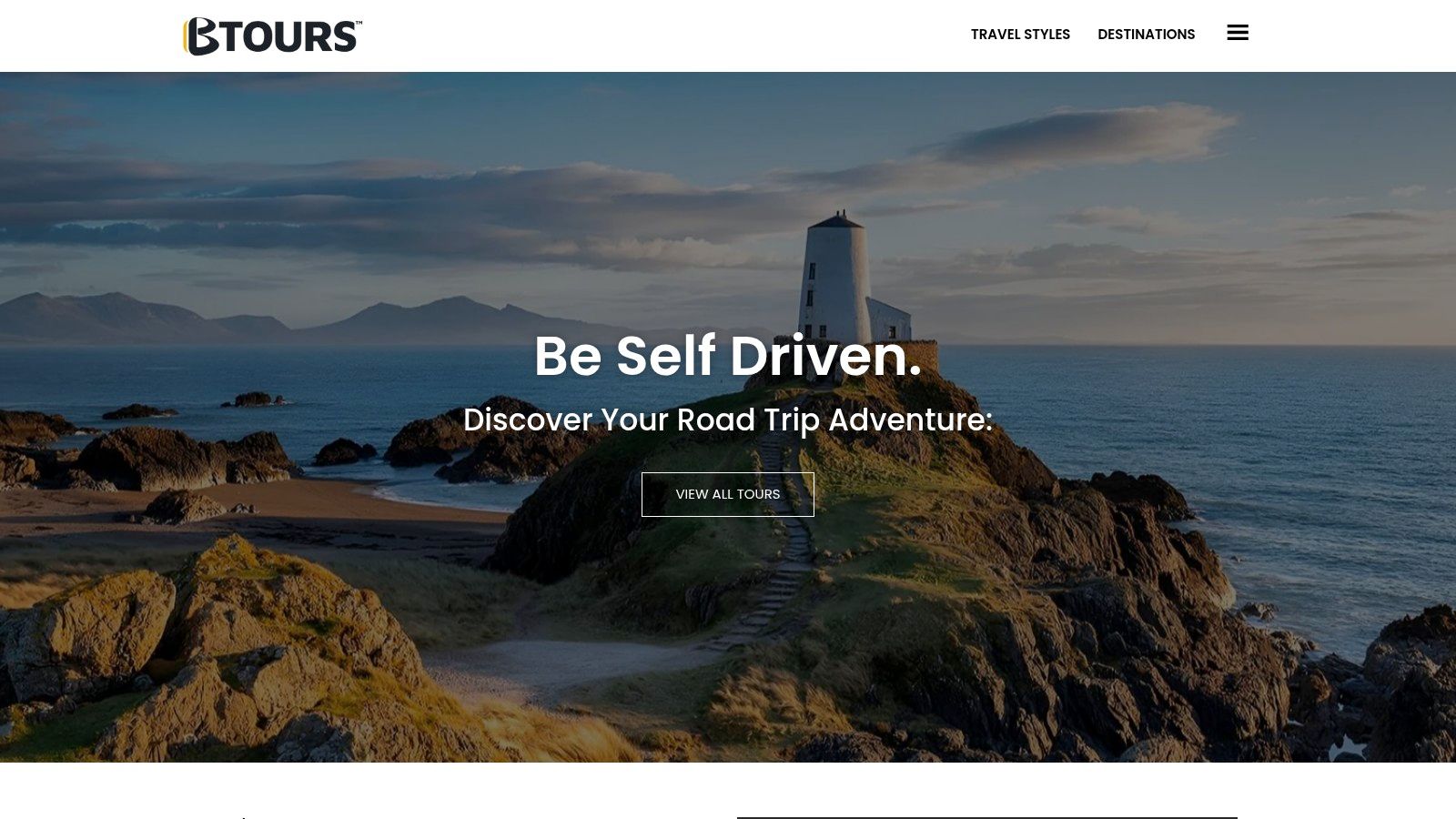 BTOURS website homepage showcasing a scenic road trip route