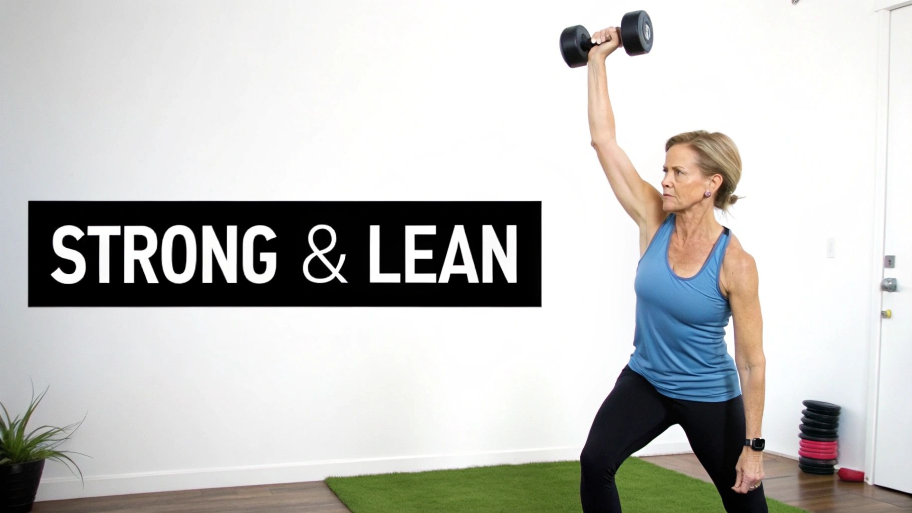 A woman over 40 smiling as she lifts weights at home, showing strength and confidence.