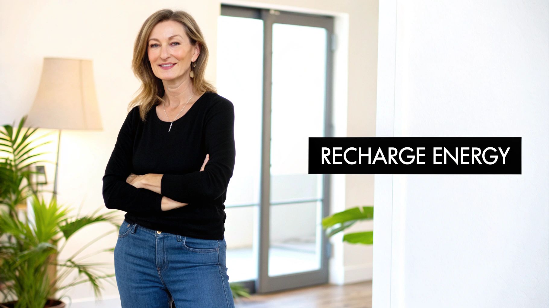 Woman over 40 feeling strong and energetic while doing a yoga pose outdoors.