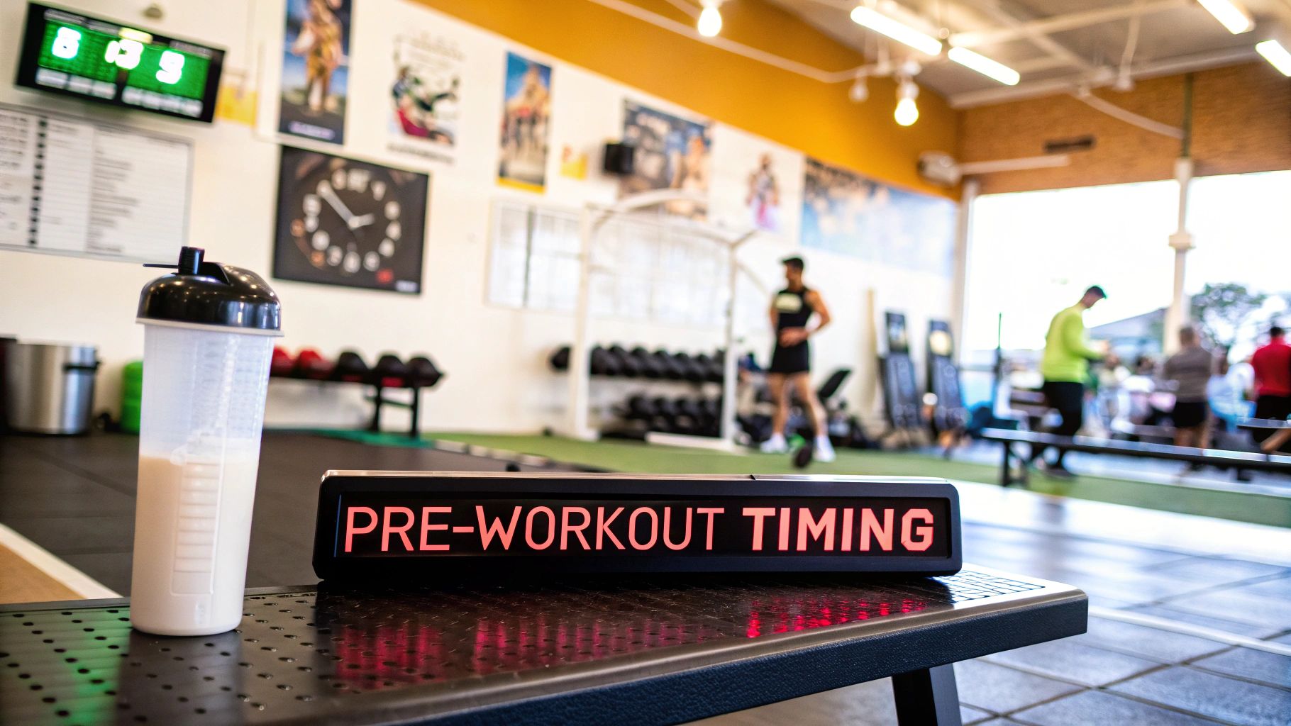 A person mixing supplements in a shaker bottle with gym equipment in the background.