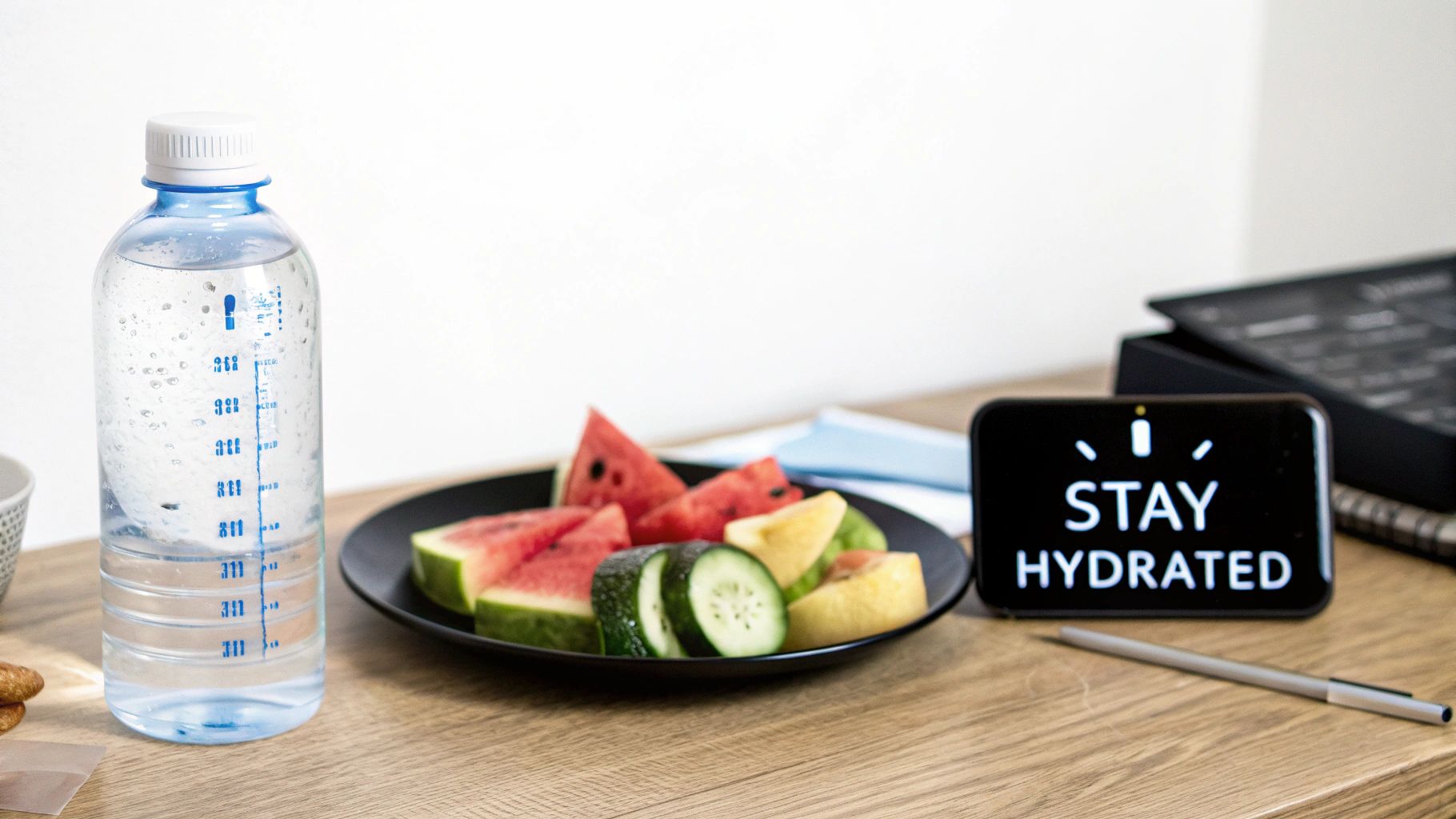 A person holding a large reusable water bottle with time markers on it.