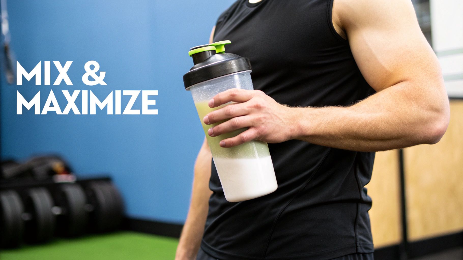 A person holding a protein shaker bottle with creatine powder next to it.