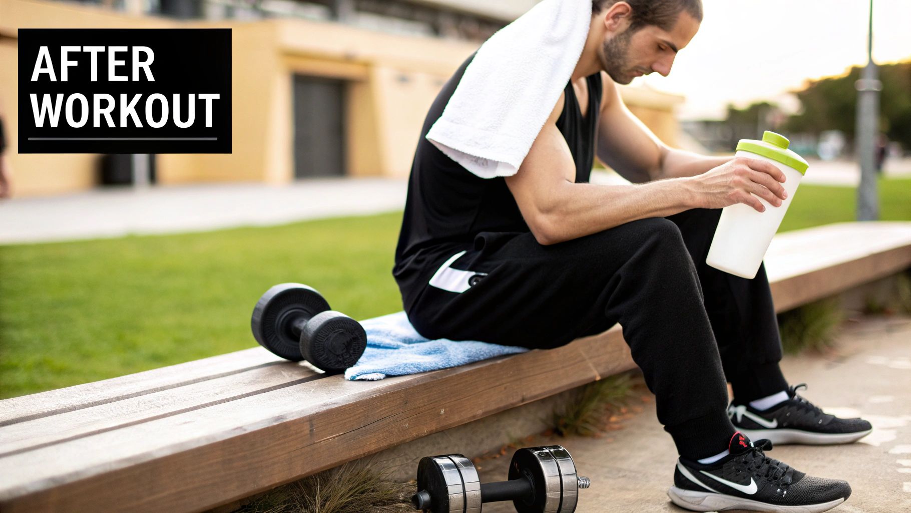 A muscular athlete drinking a post-workout shake in a gym setting