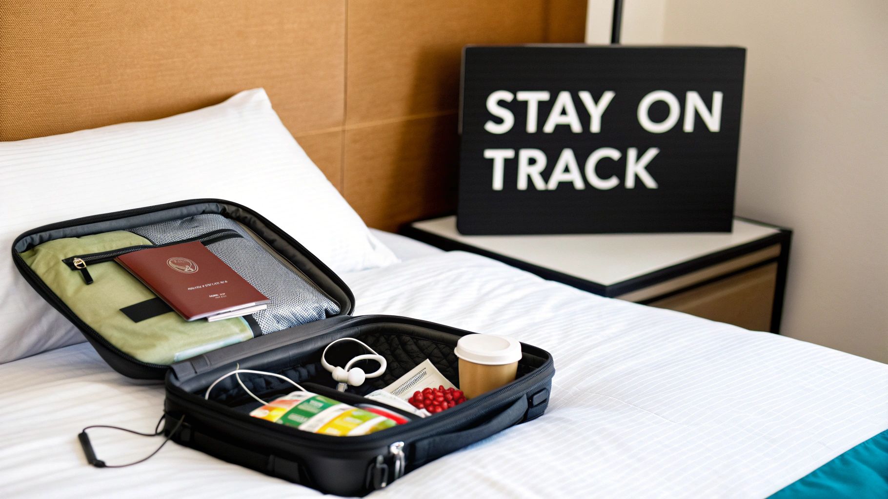A person packing creatine travel packs into a suitcase alongside other travel essentials.