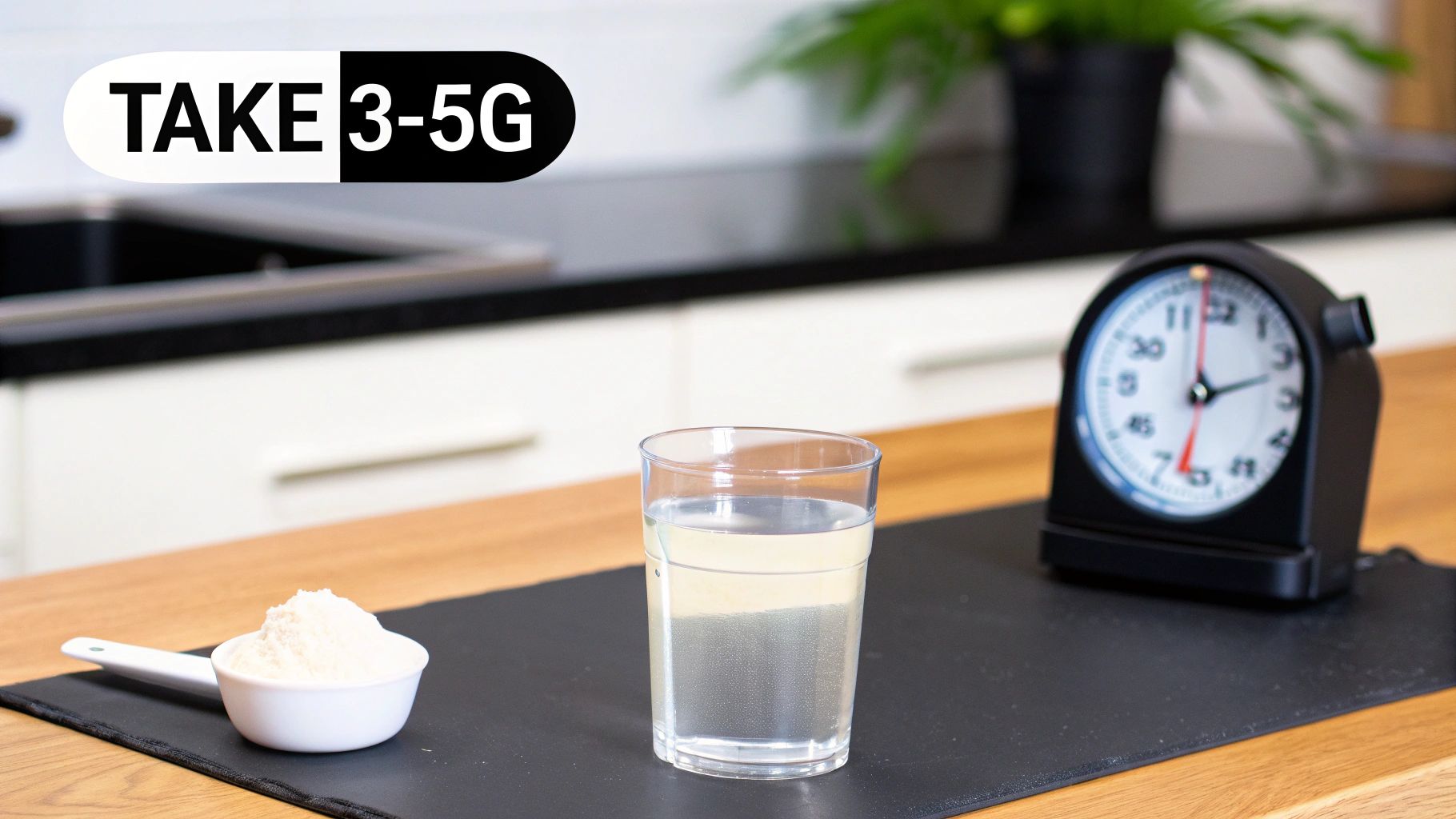 A scoop of creatine powder next to a glass of water, symbolizing a simple daily habit.
