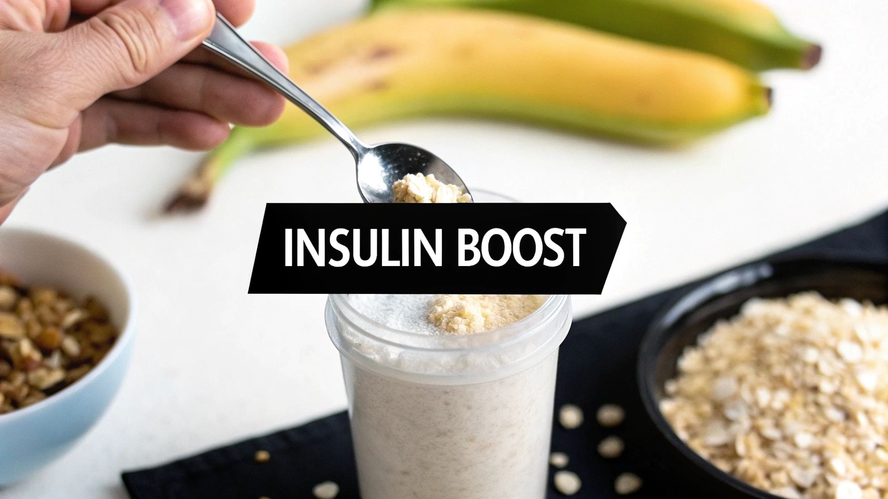 A person mixing creatine powder into a post-workout shake with fruits and protein powder nearby.