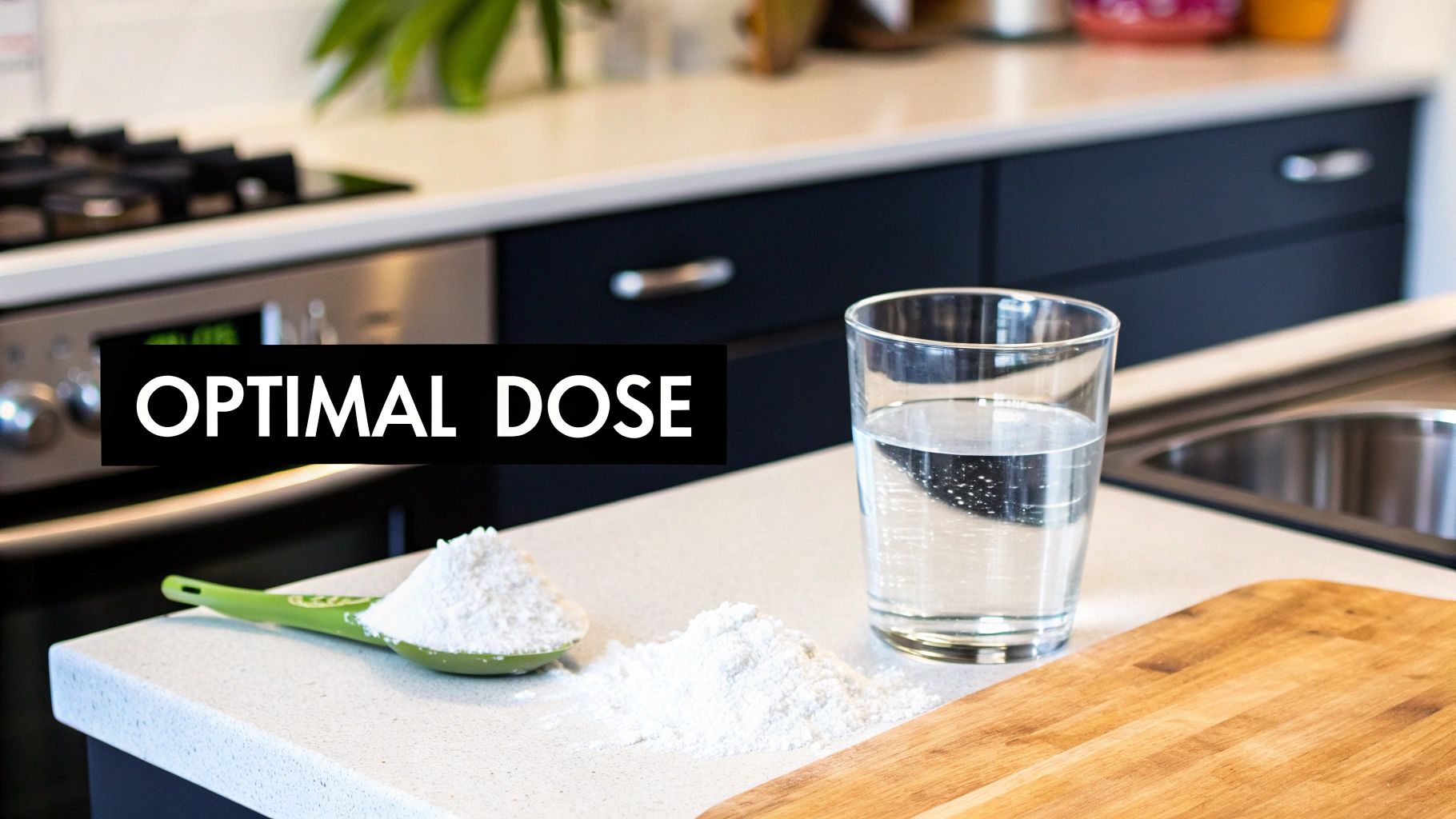 A woman preparing a creatine supplement in a bright, modern kitchen, looking focused and healthy.