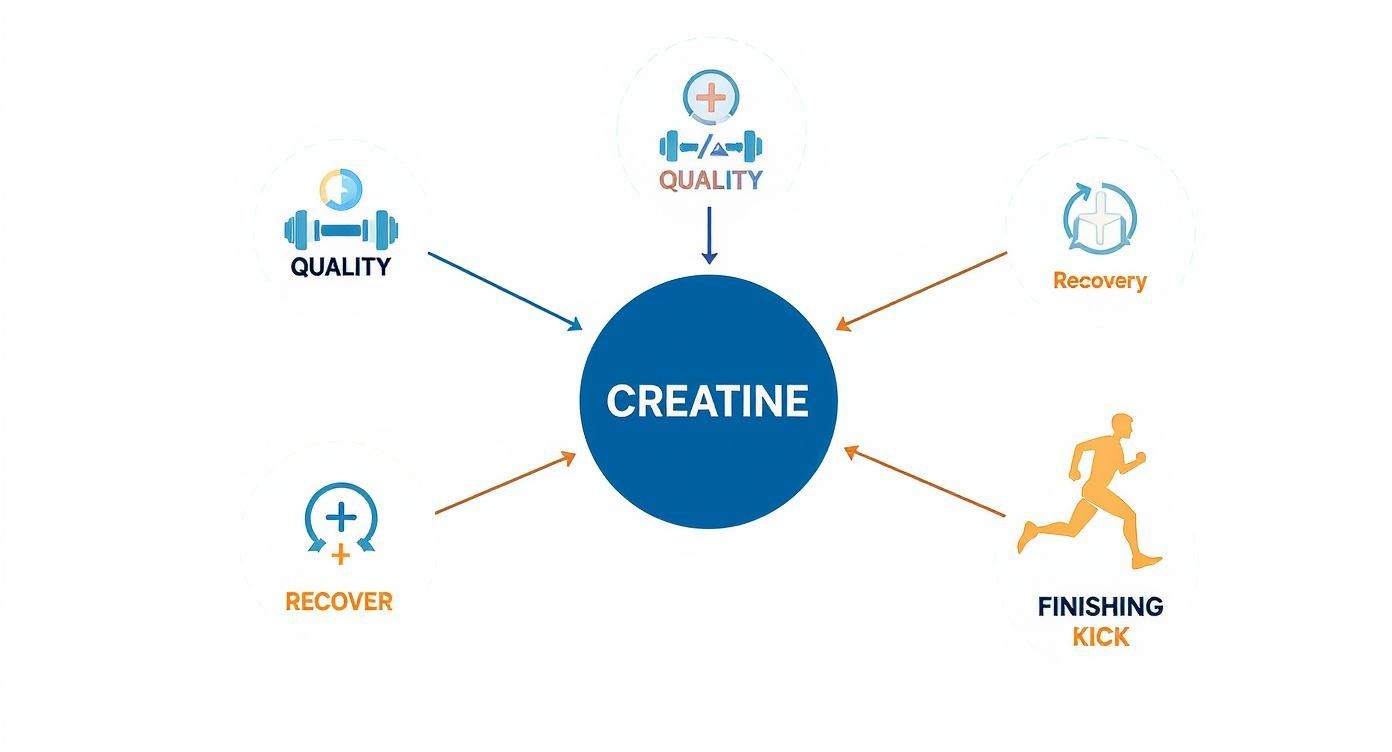 Infographic showing how creatine benefits runners in training quality, recovery, and finishing kick