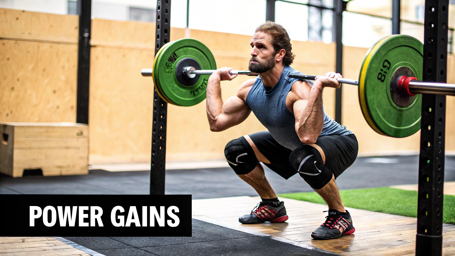 A muscular athlete lifting heavy weights in a gym, showing intense focus and power