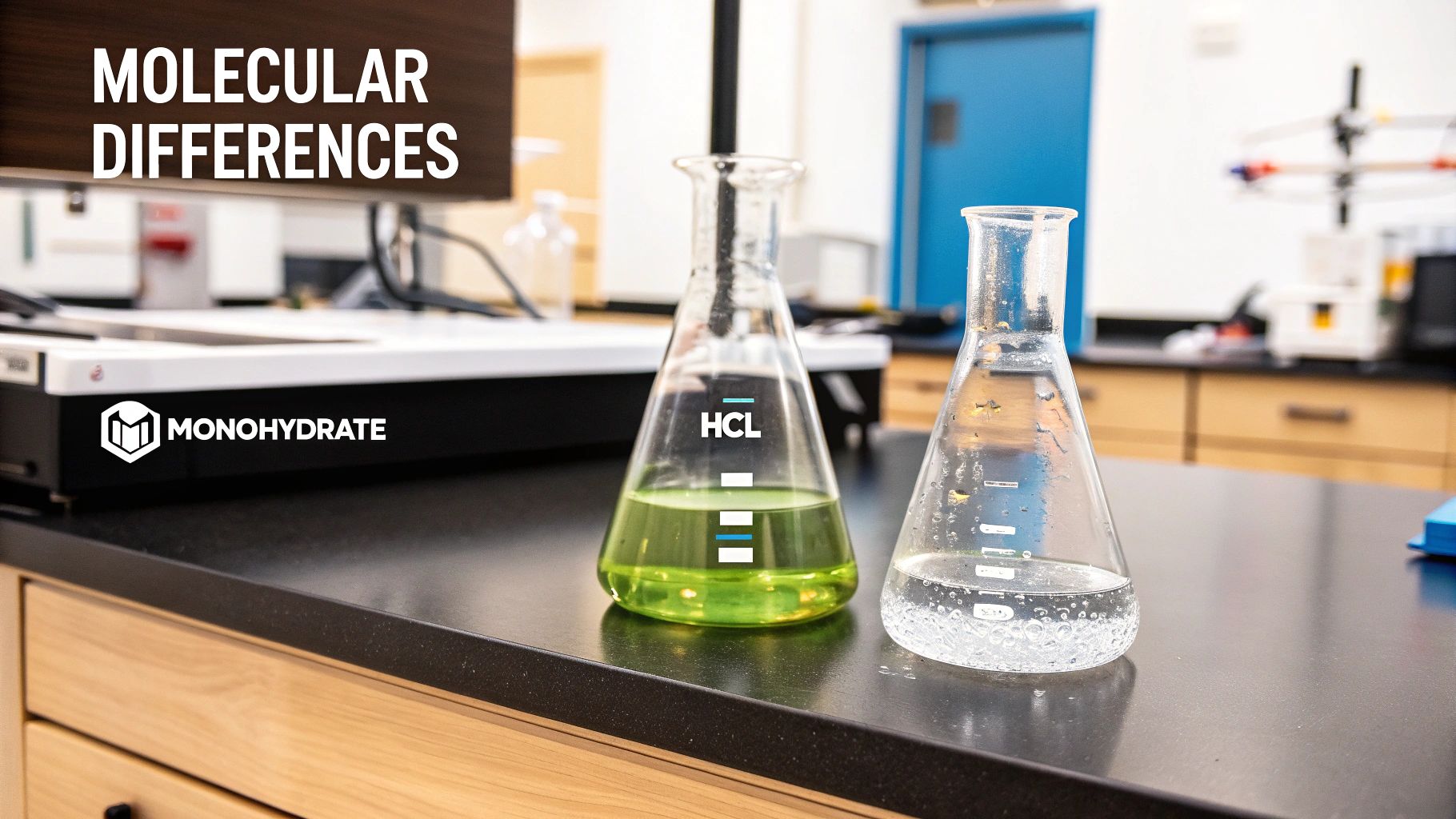 Two shaker bottles, one with dissolving powder representing HCl and another with less soluble powder for monohydrate, with chemical structures overlaid