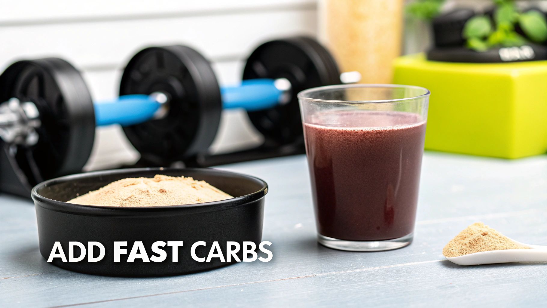 A glass of orange juice next to a shaker bottle and a small pile of white creatine powder.