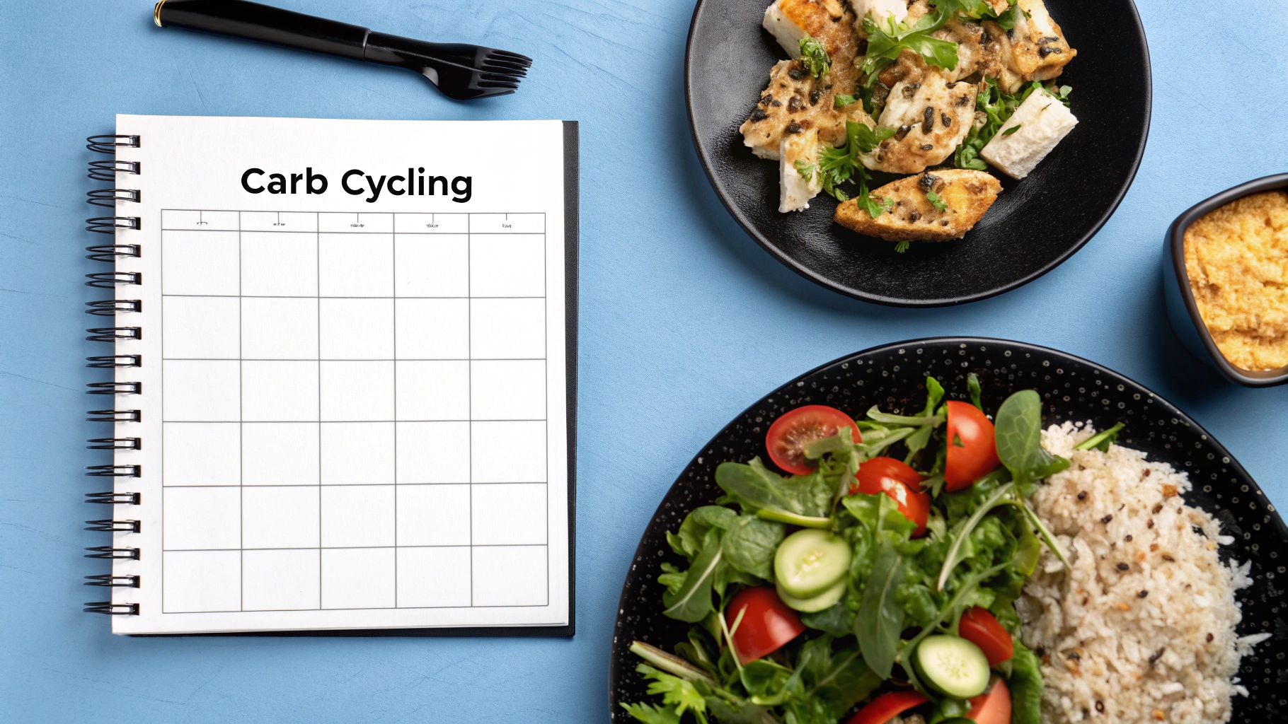 An illustrative chart showing the concept of carb cycling with different colored sections for high, moderate, and low carb days, paired with corresponding training intensity levels.