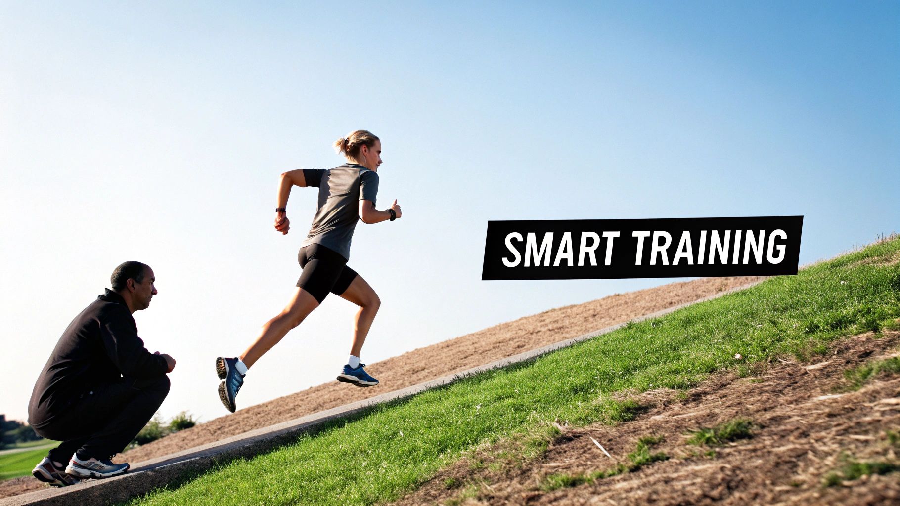 A runner sprinting on a track during a high-intensity interval workout.