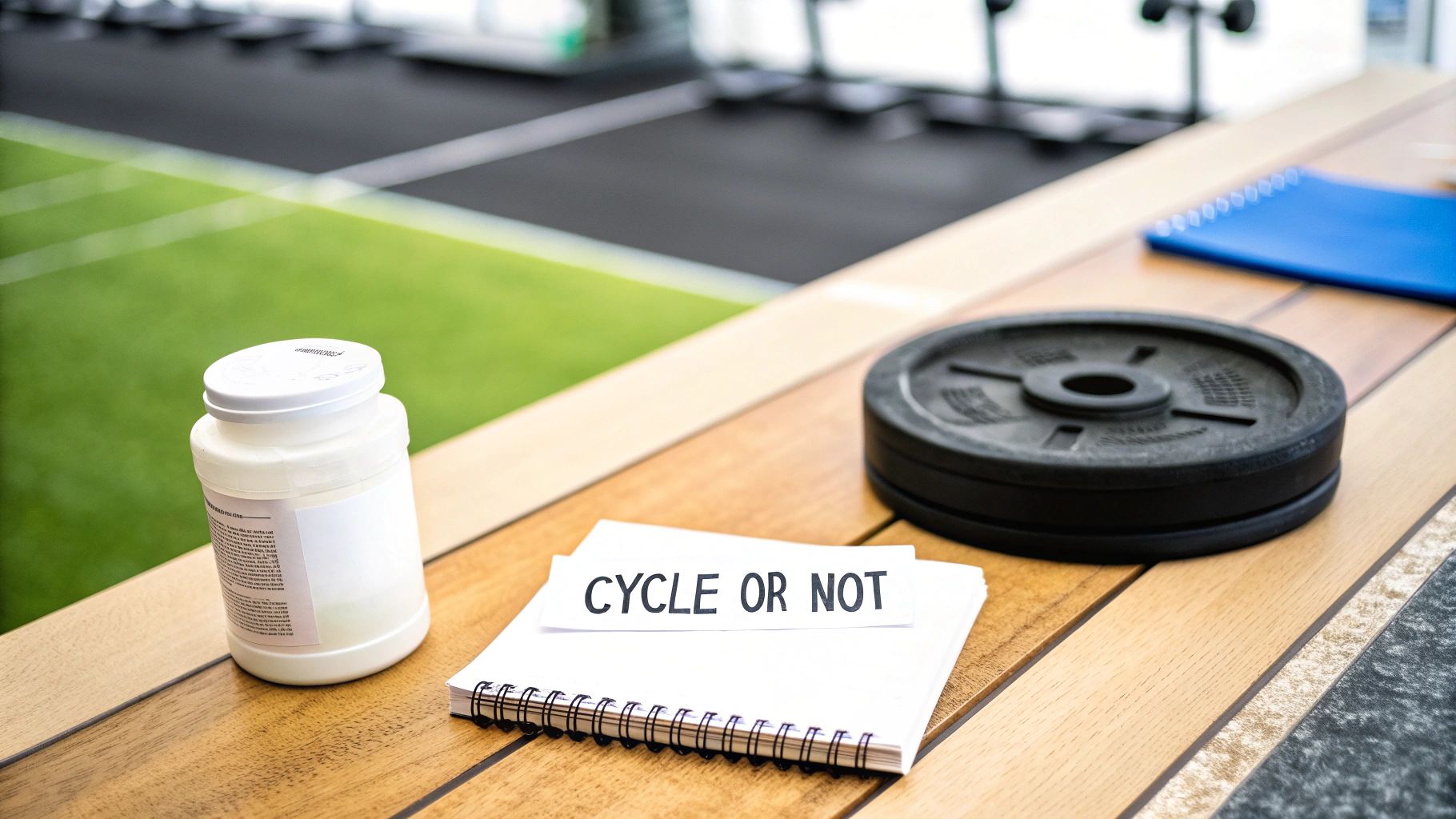 A close-up of a person's muscular arm and shoulder, holding a scoop of creatine powder.