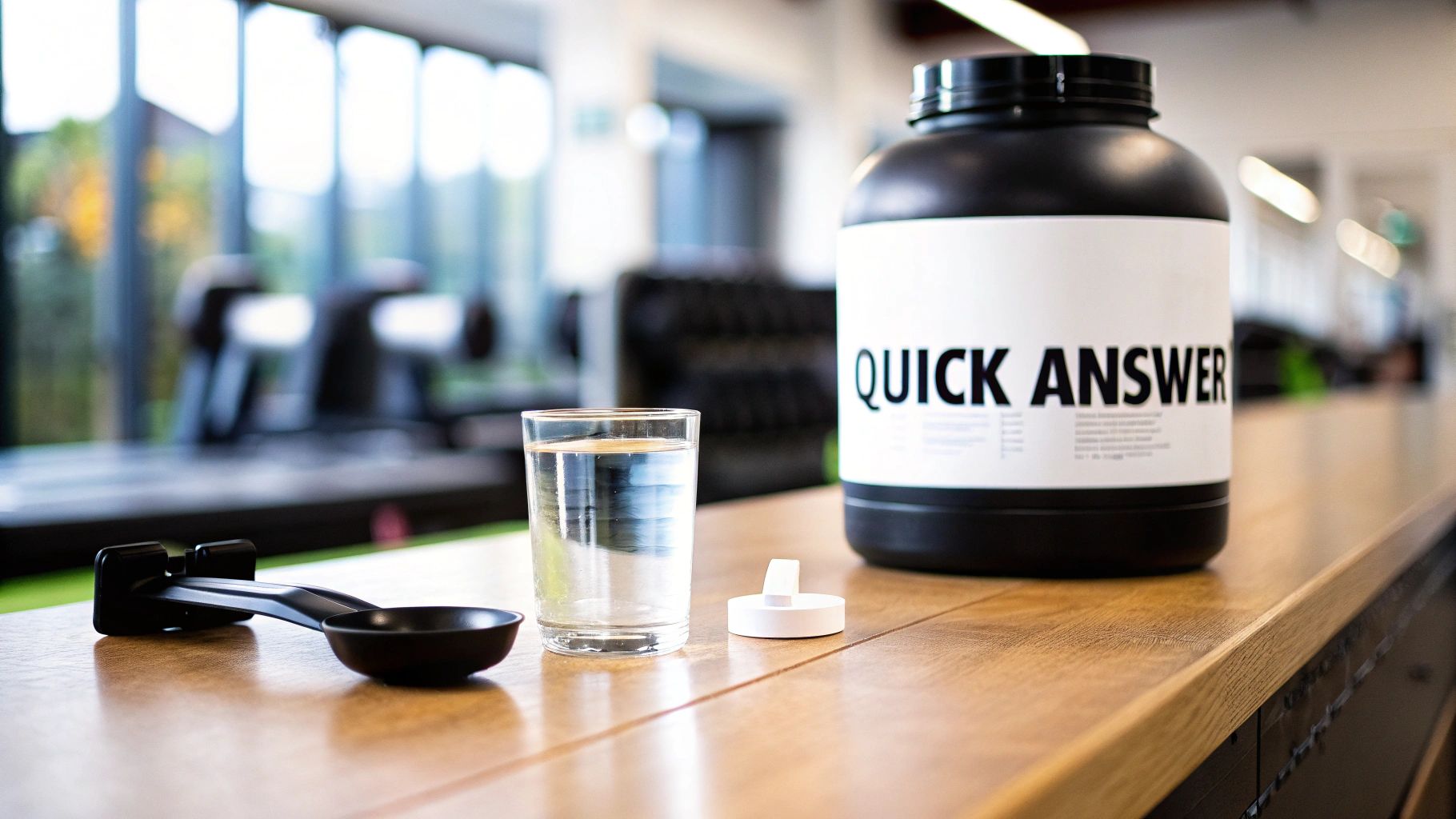 Person holding a scoop of creatine powder over a shaker bottle, with gym equipment in the background.