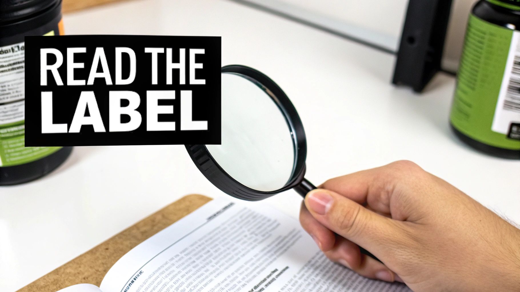 A person's hand holding a scoop of pre-workout powder over a shaker bottle, with the supplement's nutritional label visible in the background.