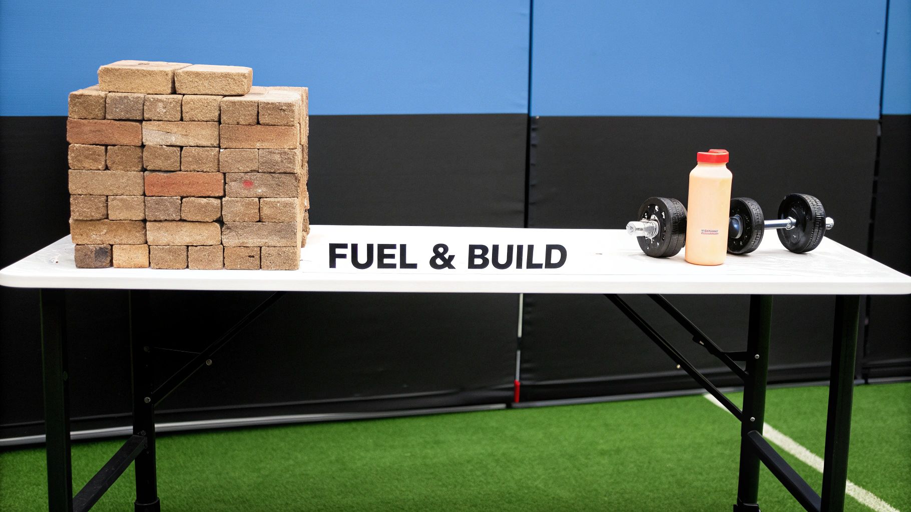 A construction site with workers, representing muscles, protein as bricks, and creatine as fuel.