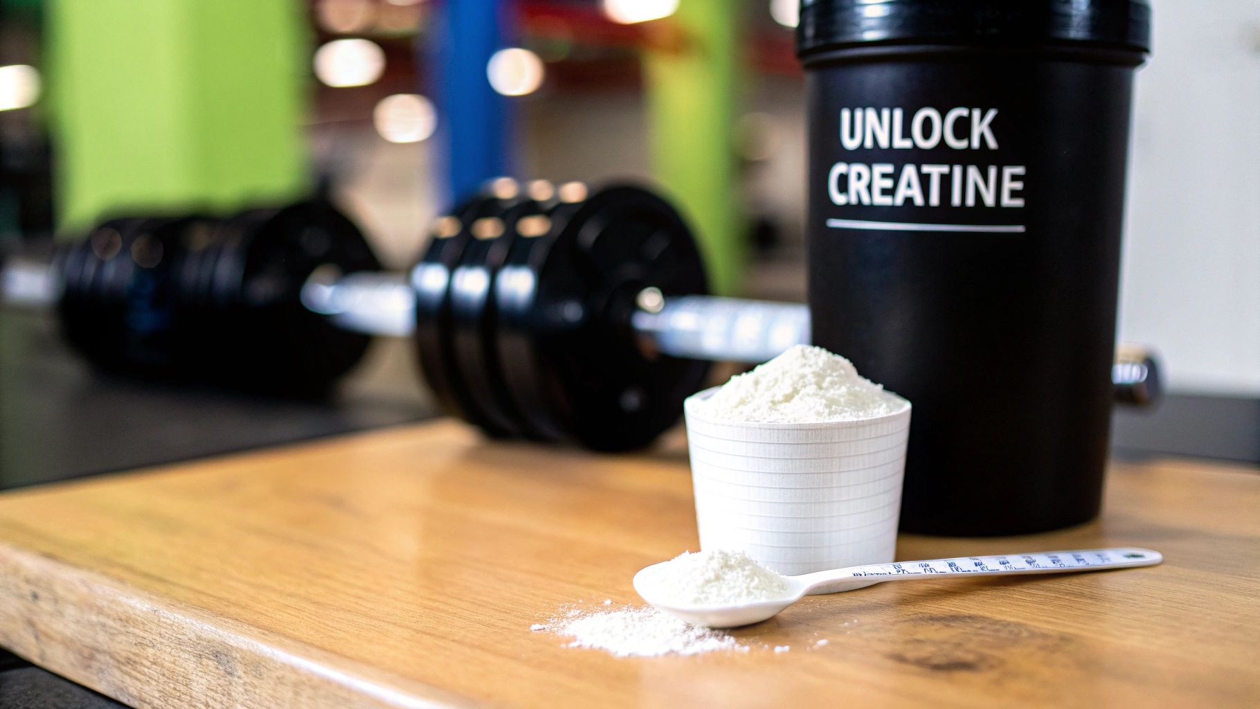 A person holding a scoop of white creatine powder over a black shaker bottle.