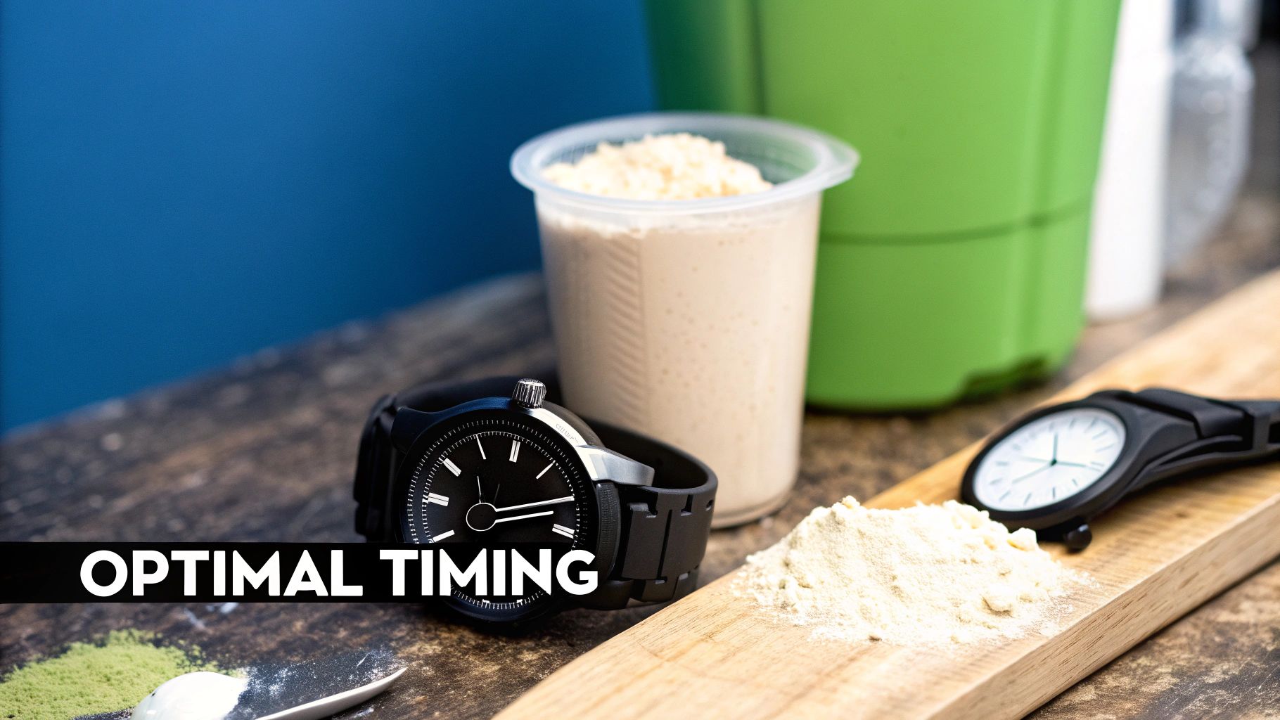 A person in athletic gear checking their watch, symbolizing perfect supplement timing.