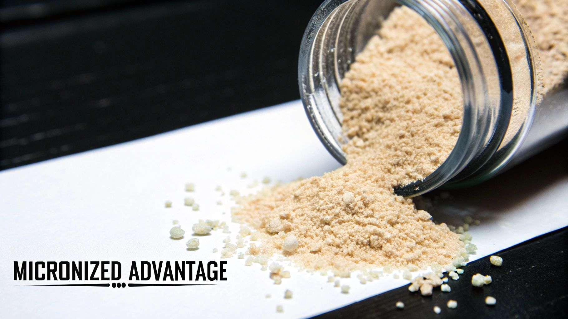 A fine, white micronized creatine powder being poured from a scoop, appearing less crystalline and more like flour.