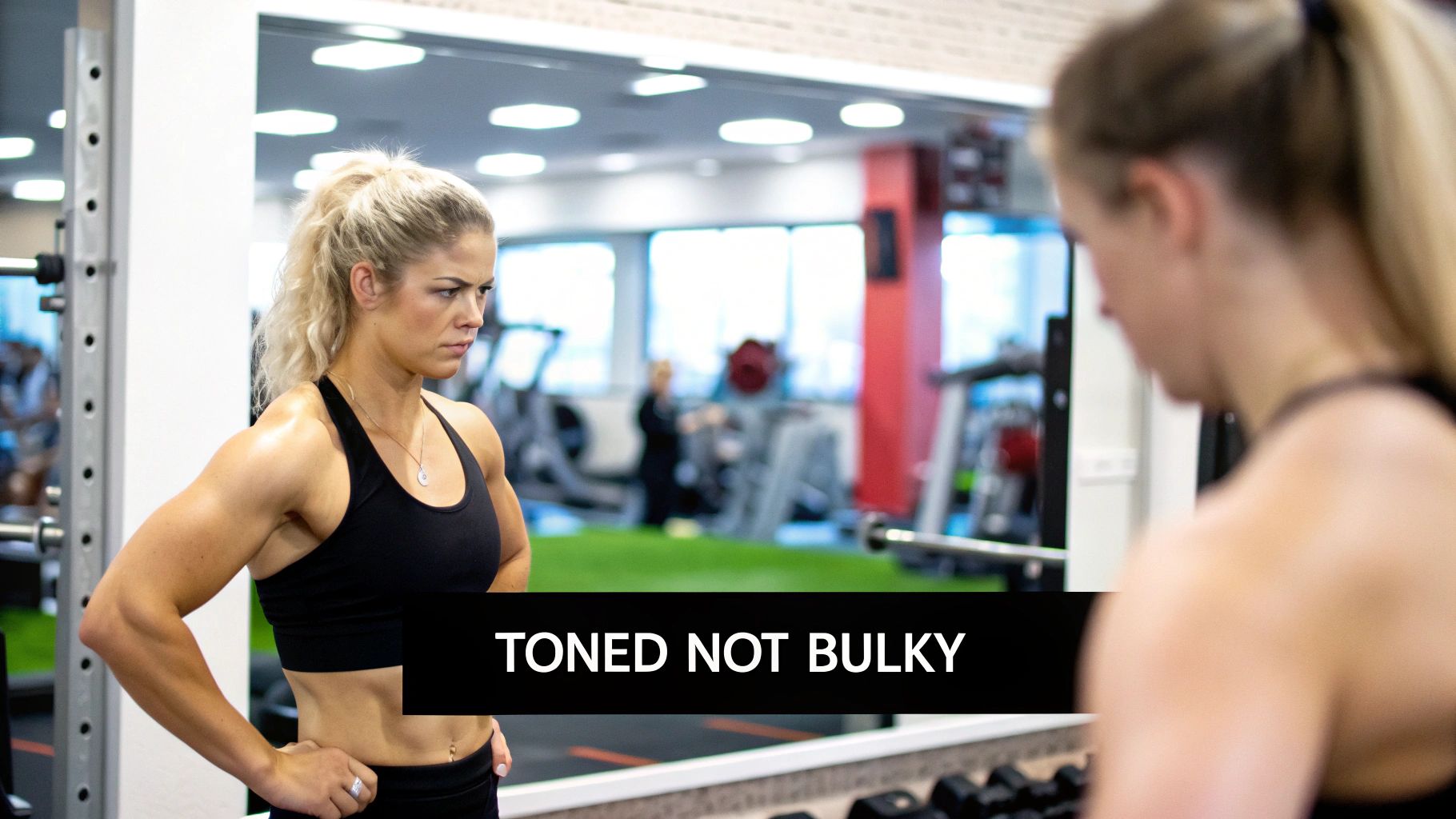 A woman confidently measuring her arm muscle in a modern gym setting, looking toned and strong