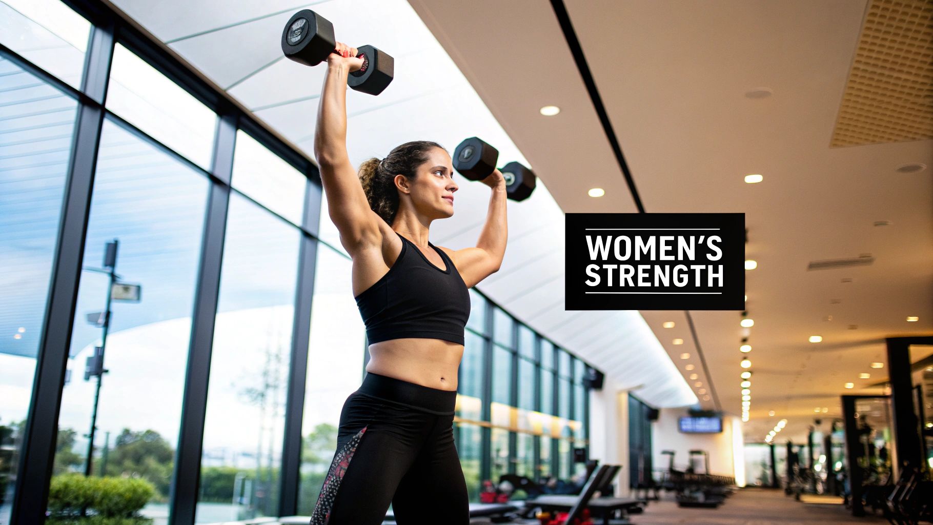 A woman performing a weighted squat with a barbell, showing focus and strength.