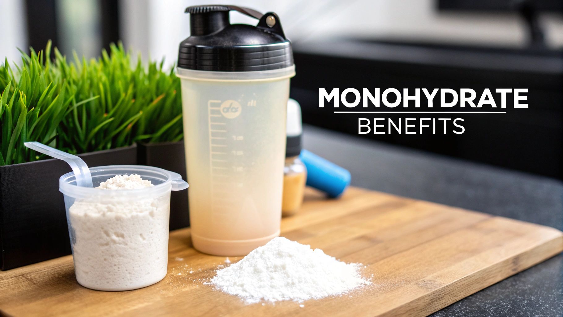 A scoop of white creatine monohydrate powder sitting on a dark, textured surface, highlighting its crystalline texture.