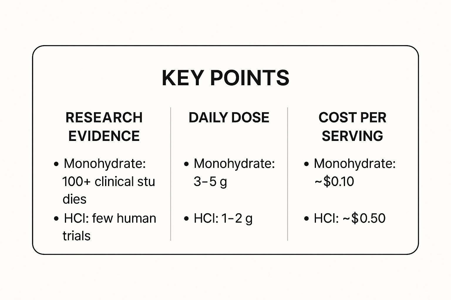 Infographic comparing research, dose, and cost of monohydrate vs hcl