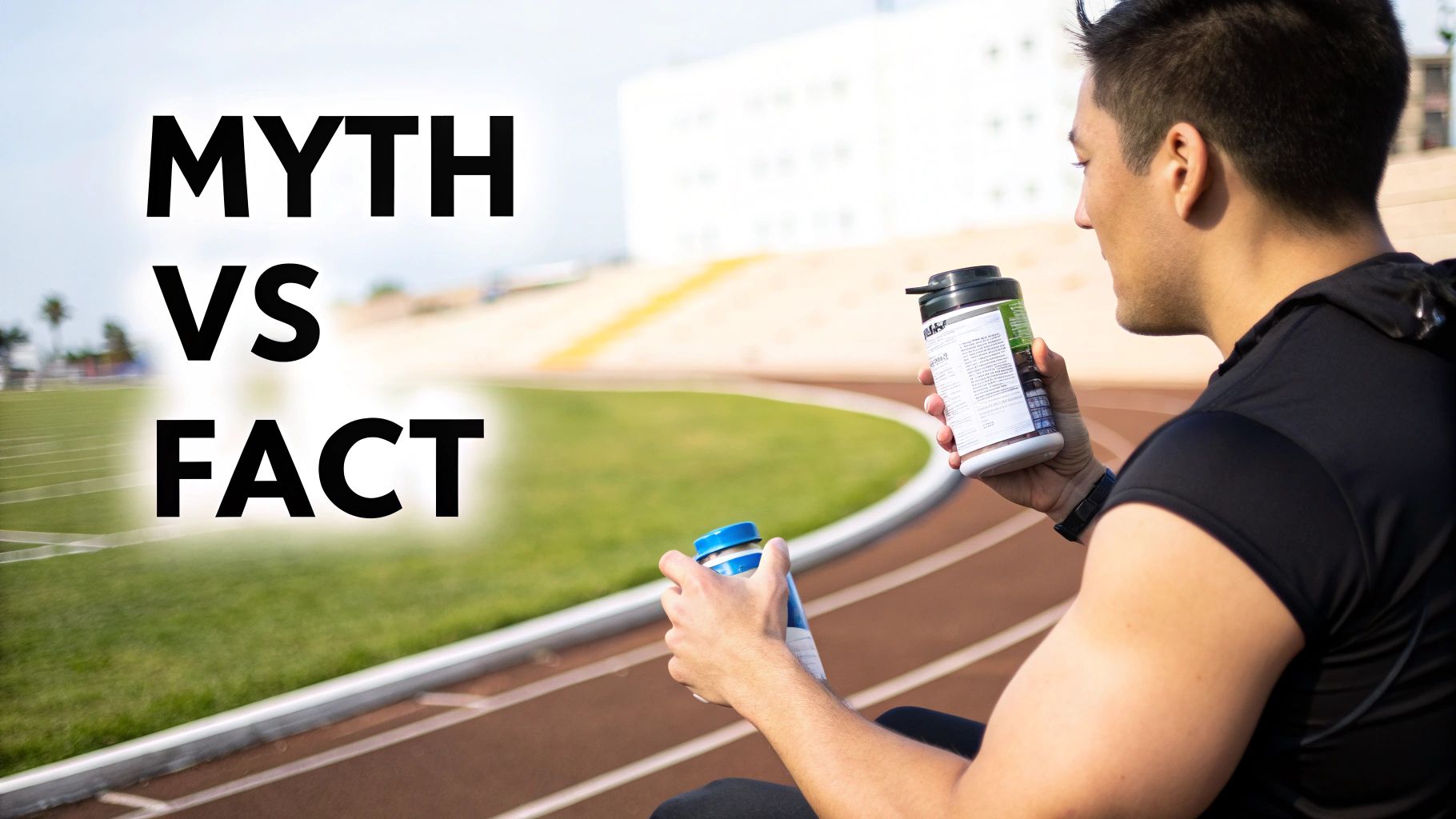 A skeptical runner looking at a container of creatine, representing common myths.