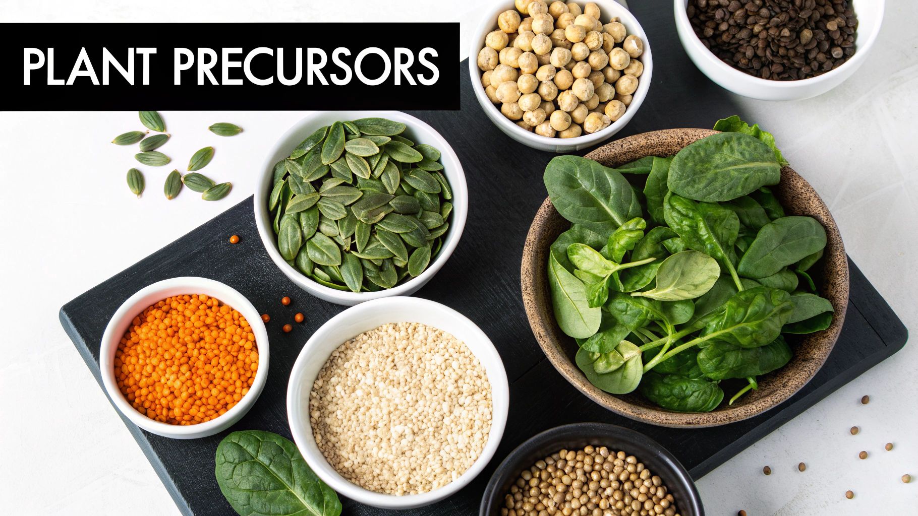 A vibrant flat lay of plant-based foods like pumpkin seeds, lentils, spinach, and quinoa, artfully arranged.