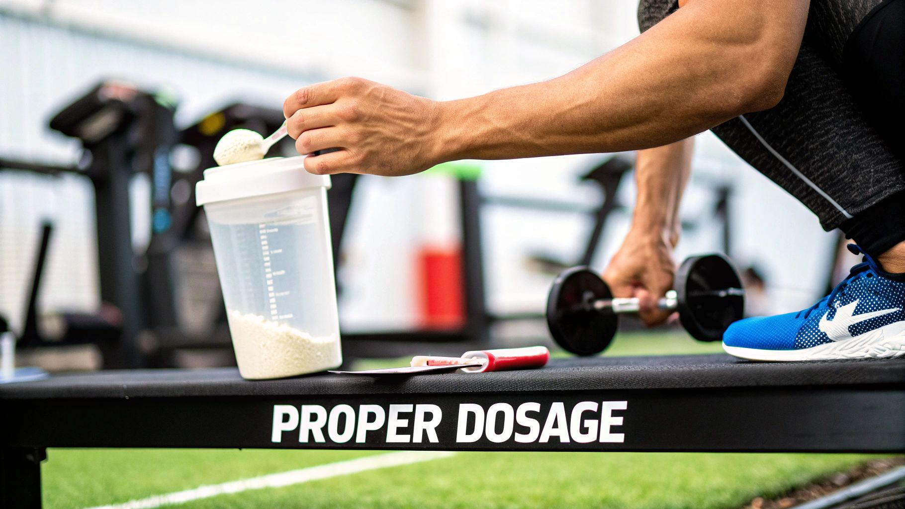 A person holding a measuring scoop of white creatine powder over a glass of water