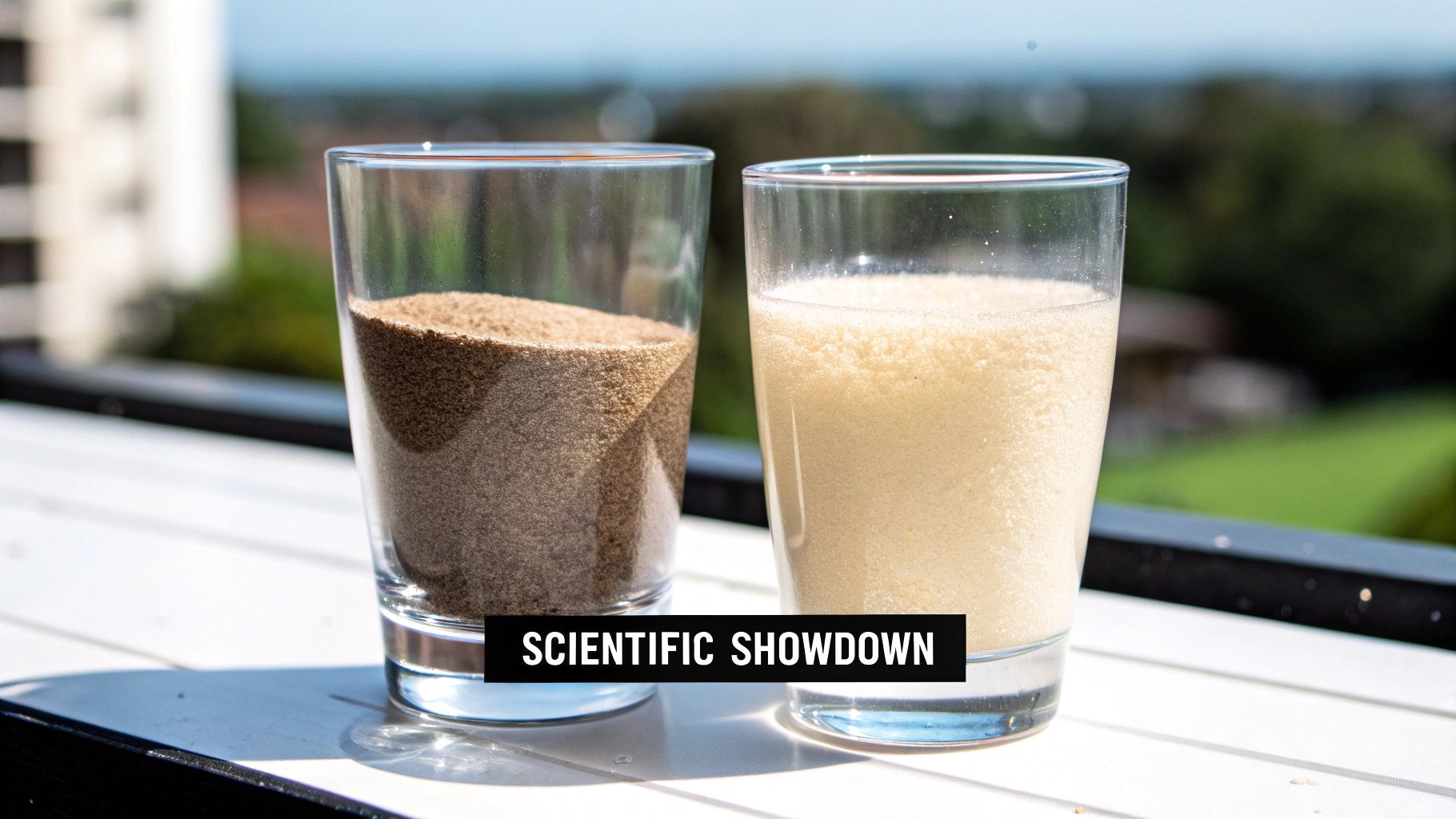 A scientist in a lab coat examines two beakers, one with clear liquid and one with cloudy liquid, representing the solubility difference between creatine HCl and monohydrate.