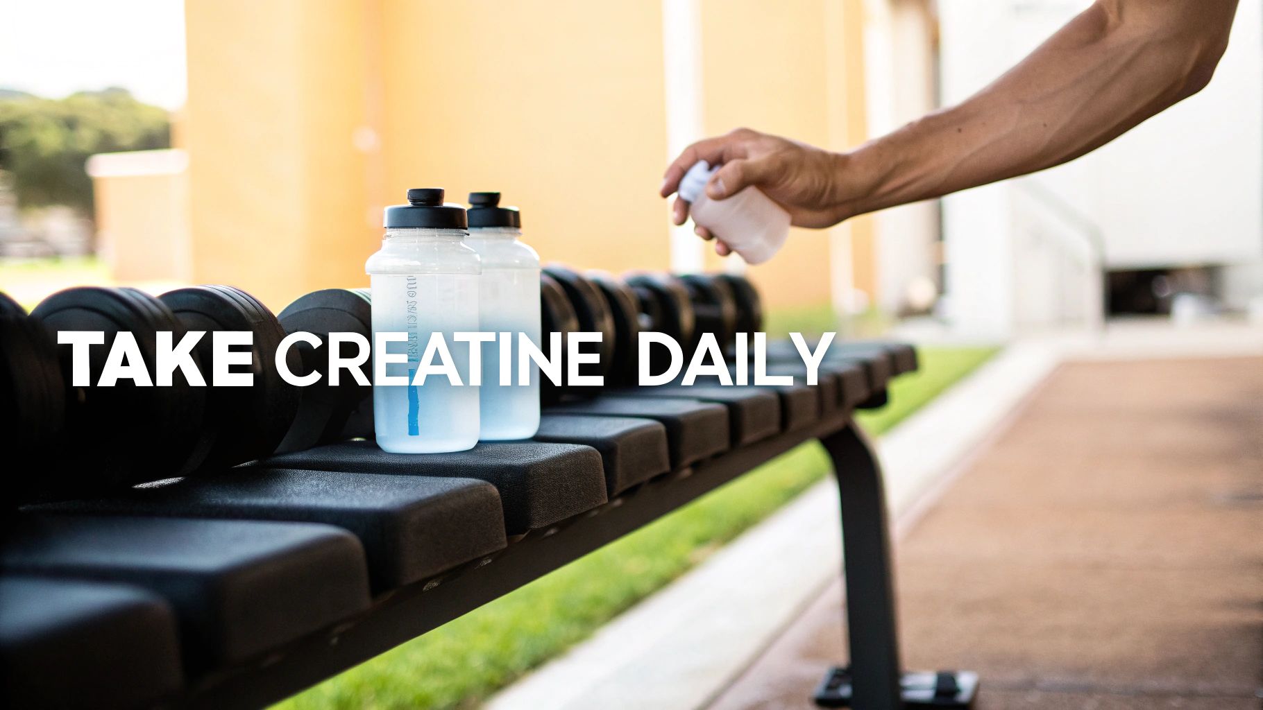 Person holding creatine supplement on a workout bench
