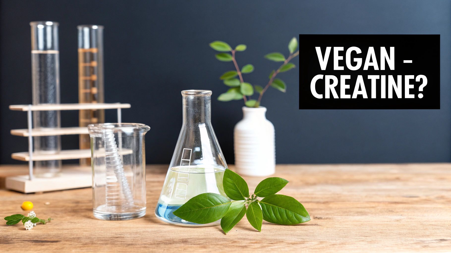 A glass of water with creatine powder being stirred, next to fresh green leaves, symbolizing a plant-based approach.