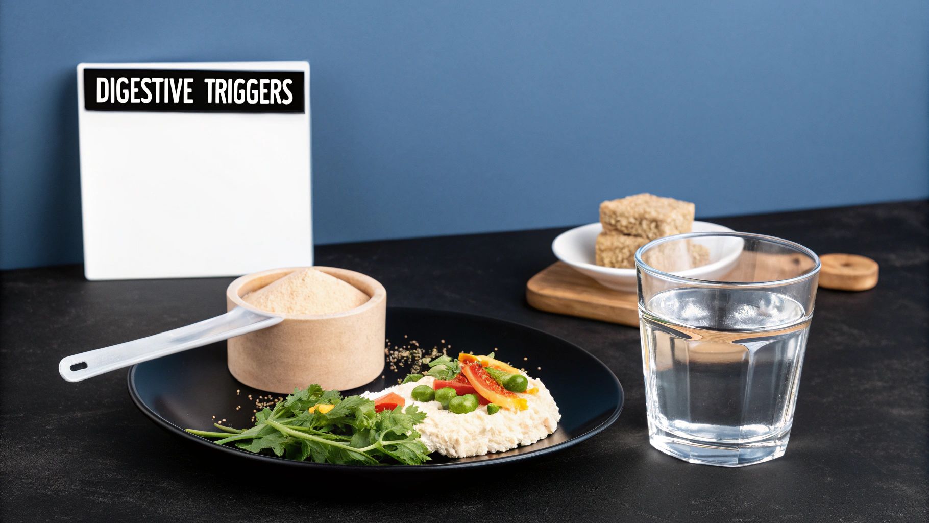 Four icons representing dosage, creatine type, water intake, and timing, illustrating the main triggers for stomach upset.