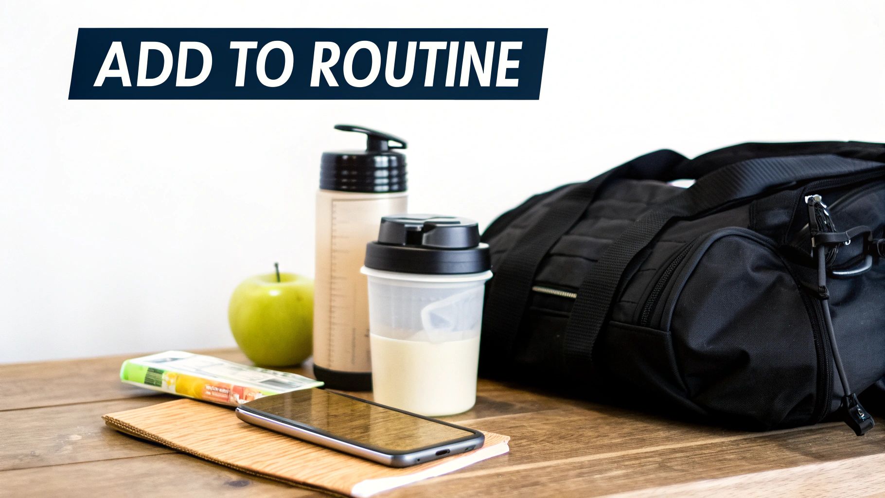 A woman in athletic wear mixes a supplement in her kitchen.