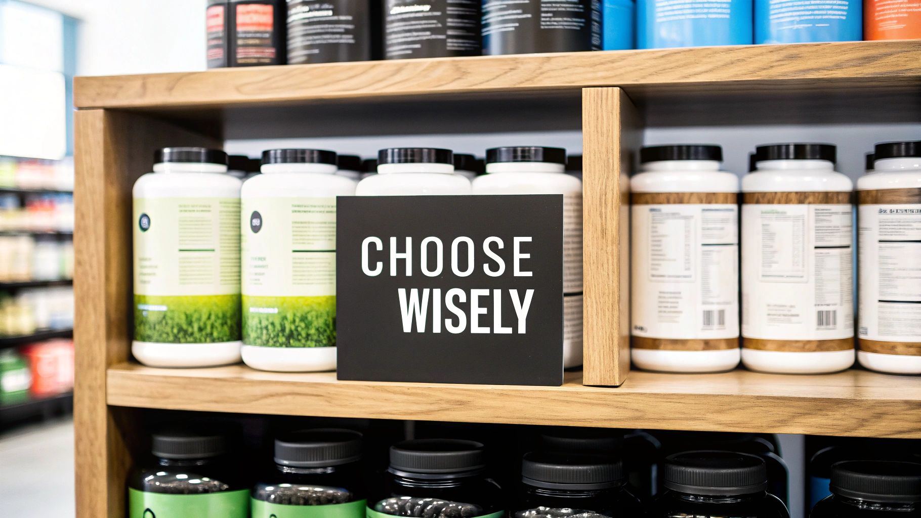 Someone holding a scoop of creatine powder over an open container, with various plant-based ingredients around them.
