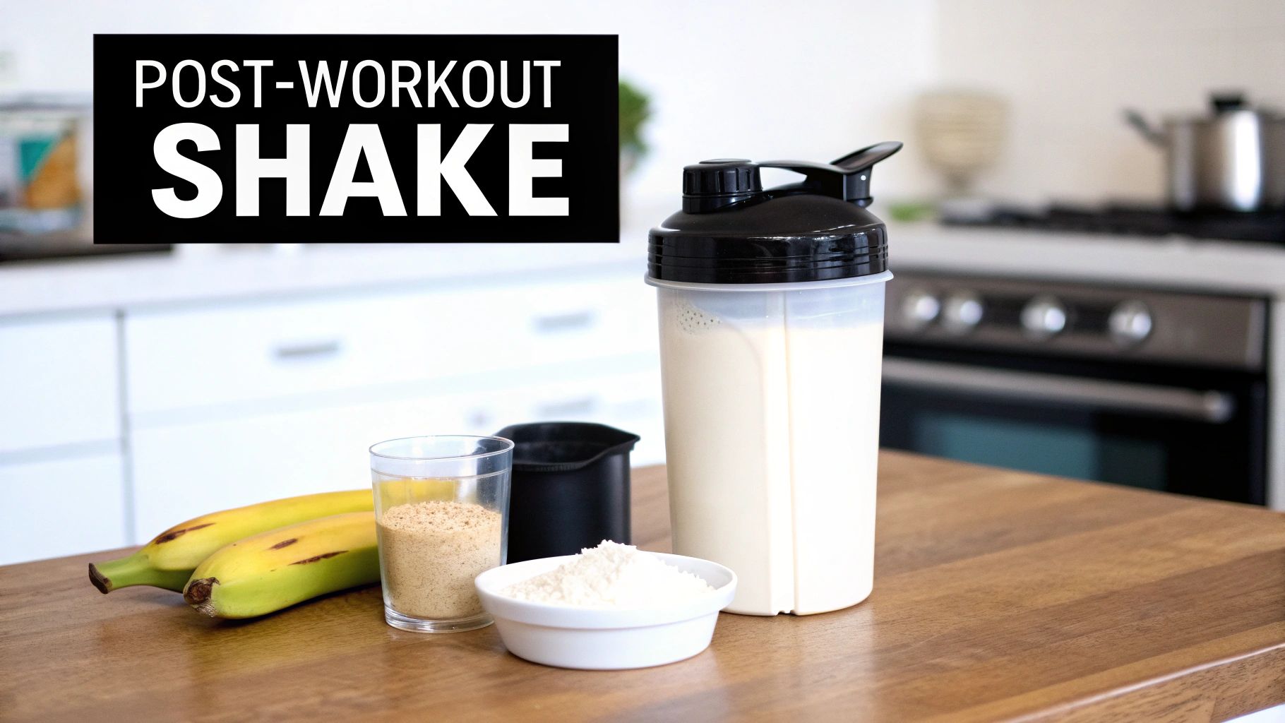 A person pours white creatine powder into a protein shaker bottle.