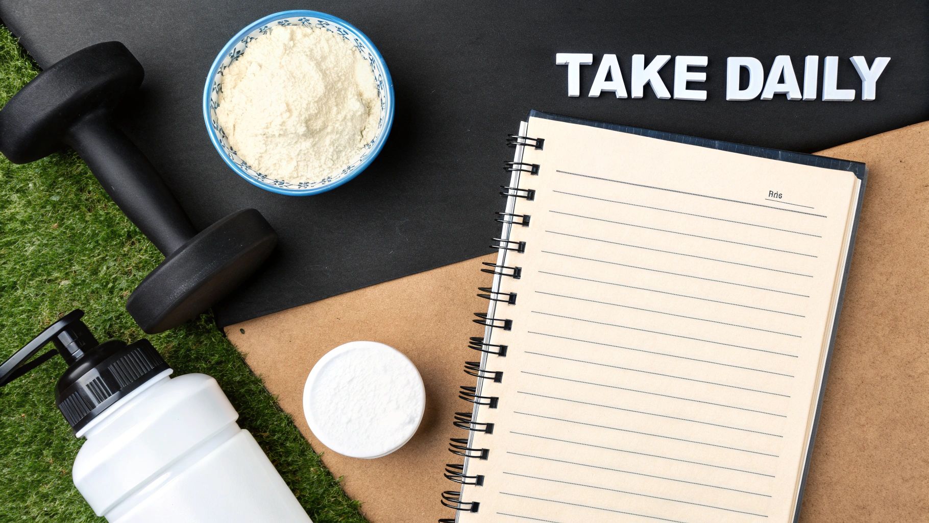 A person measuring creatine powder into a shaker bottle, with gym equipment in the background.