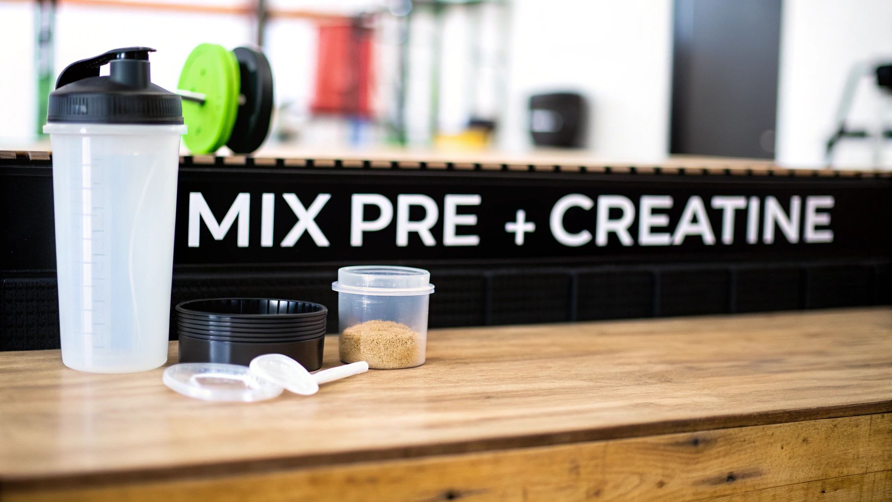 A person mixing pre-workout and creatine powders in a shaker bottle, with gym equipment in the background.
