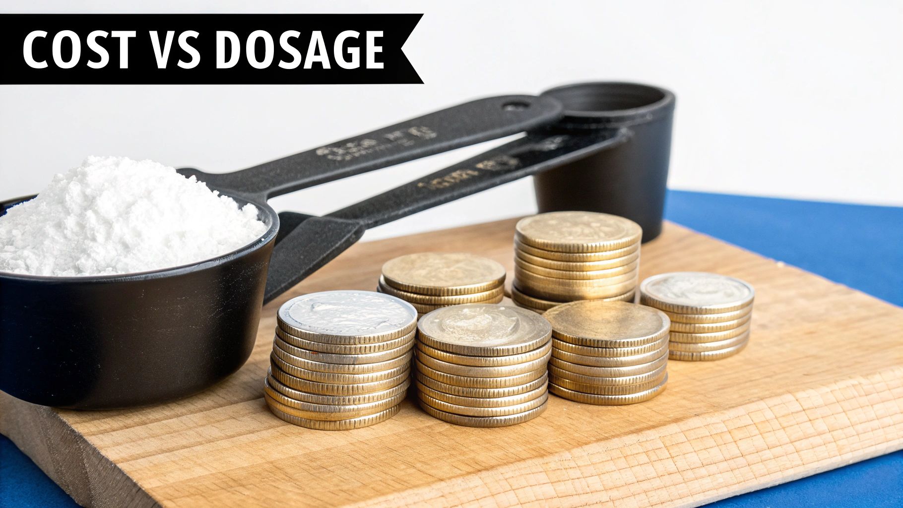 A person holding a jar of creatine monohydrate in one hand and a smaller jar of creatine hcl in the other, with a wallet in the background.