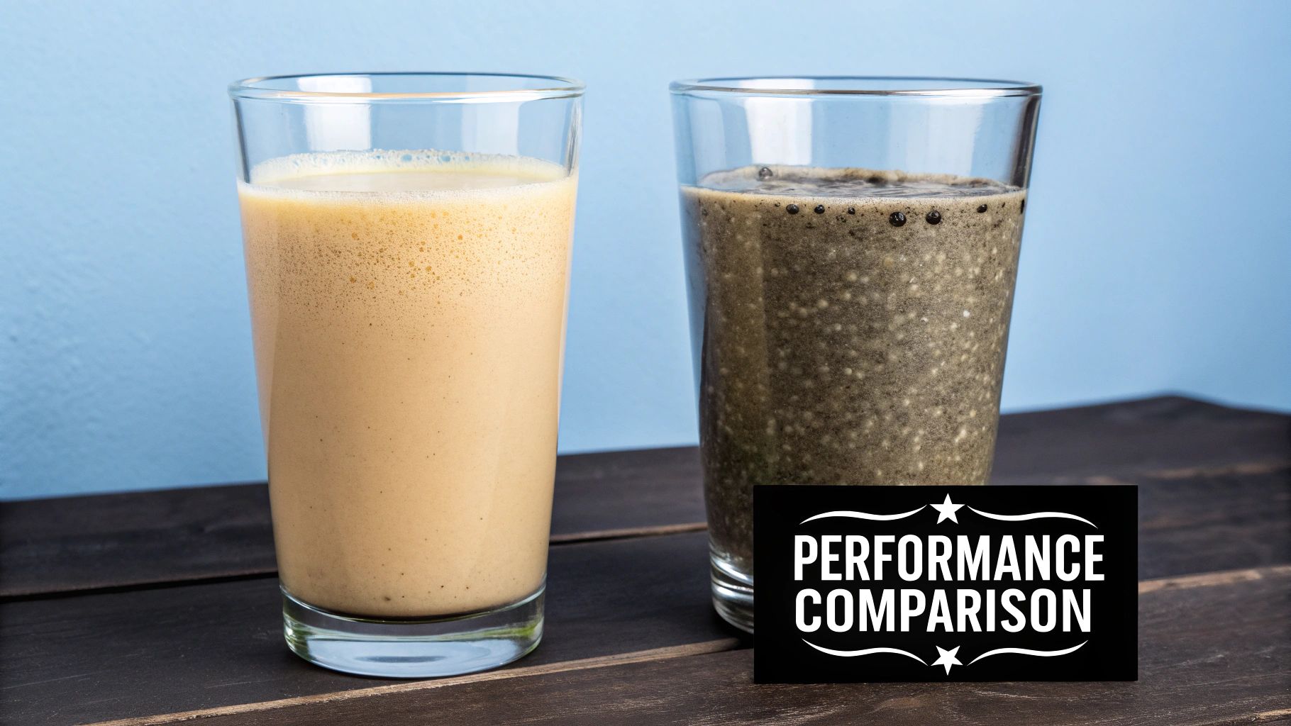 A side-by-side comparison visual of two glasses, one with clear dissolved micronized creatine and the other with gritty, undissolved creatine monohydrate.