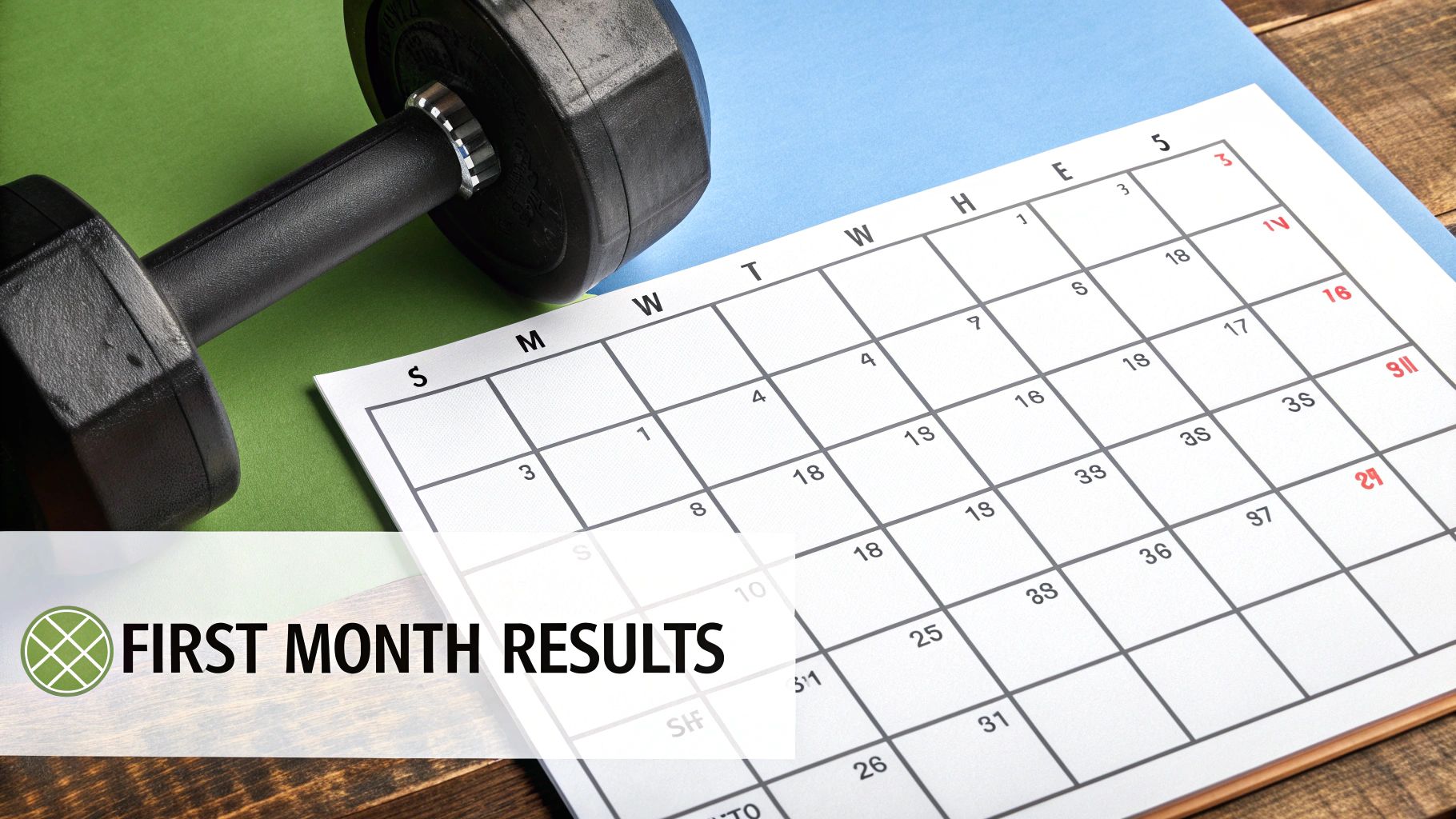 A calendar with the first week highlighted, showing a person stepping on a scale to track creatine weight gain.